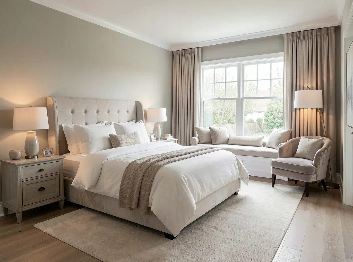 Clean and staged primary bedroom for home showings
