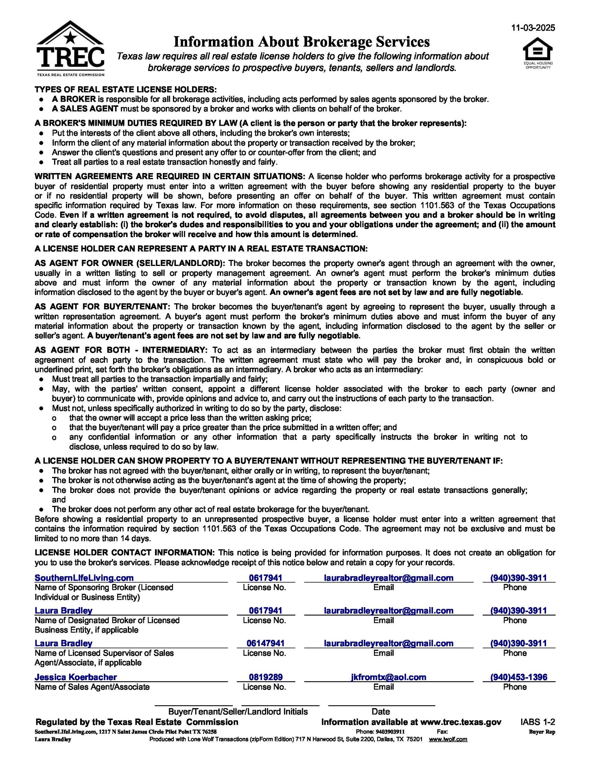 Jessica Koerbacher Information About Brokerage Services