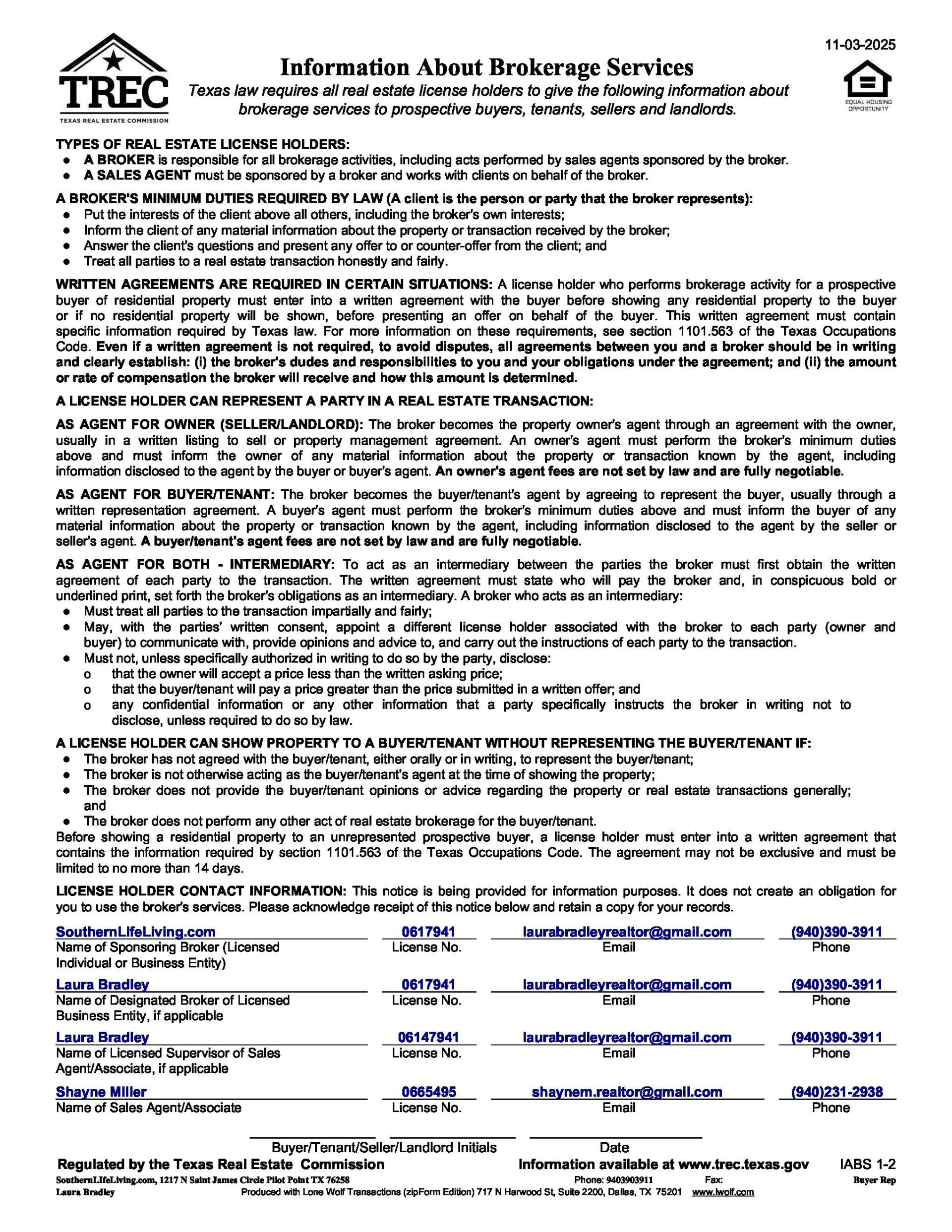 Shayne Miller Information About Brokerage Services