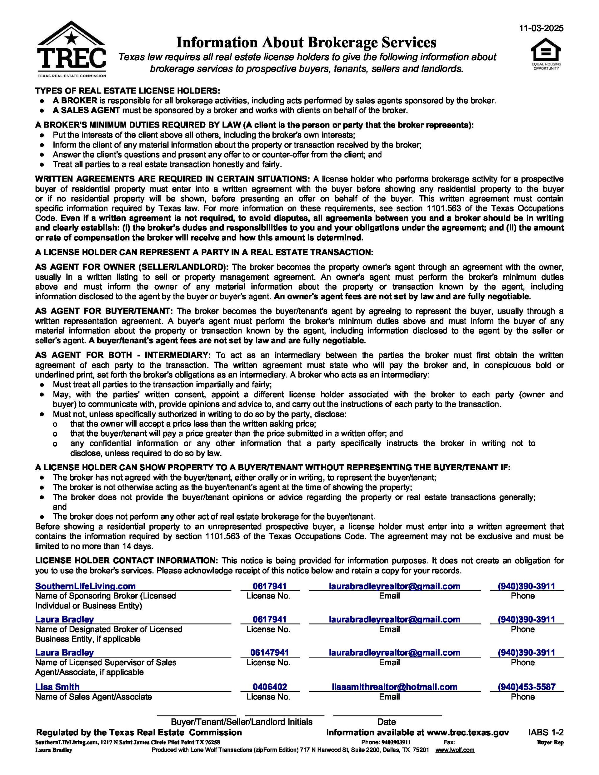 Lisa Smith Information About Brokerage Services