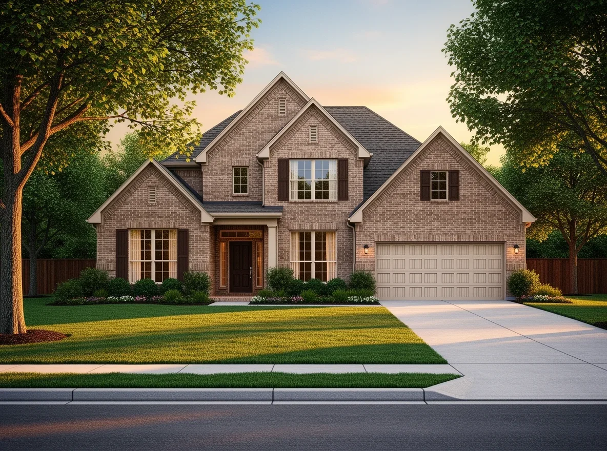 Brick home exterior with mature trees in Plano