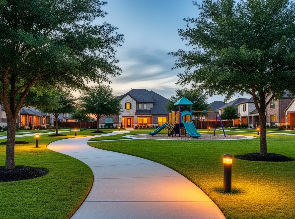 Neighbors walking and jogging near a park trail in Frisco, Texas