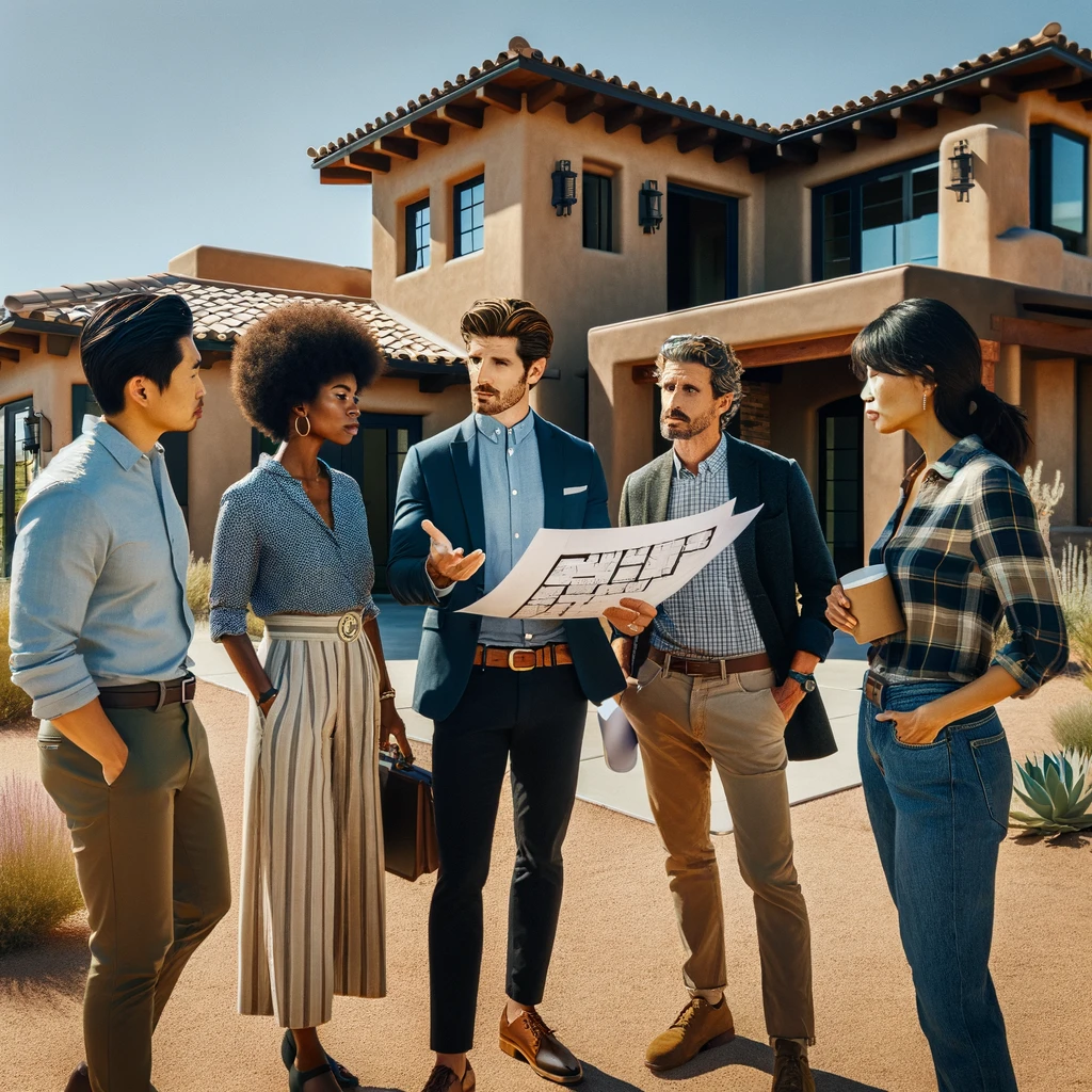 Property manager meeting with contractors in Scottsdale, Arizona Property management company with contractors in front of a property