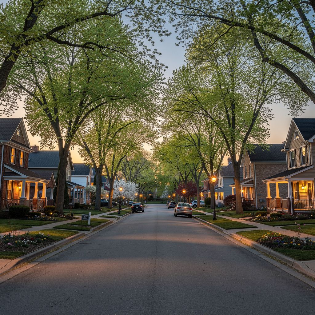 Tree-lined residential street in Park Ridge, Illinois, at dusk
