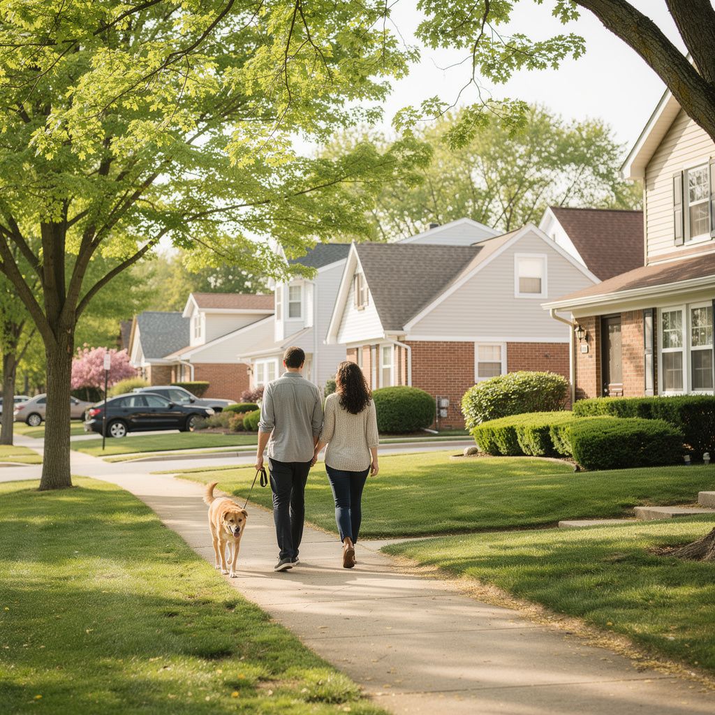 Couple walking a dog along a tree-lined street in Park Ridge, Illinois