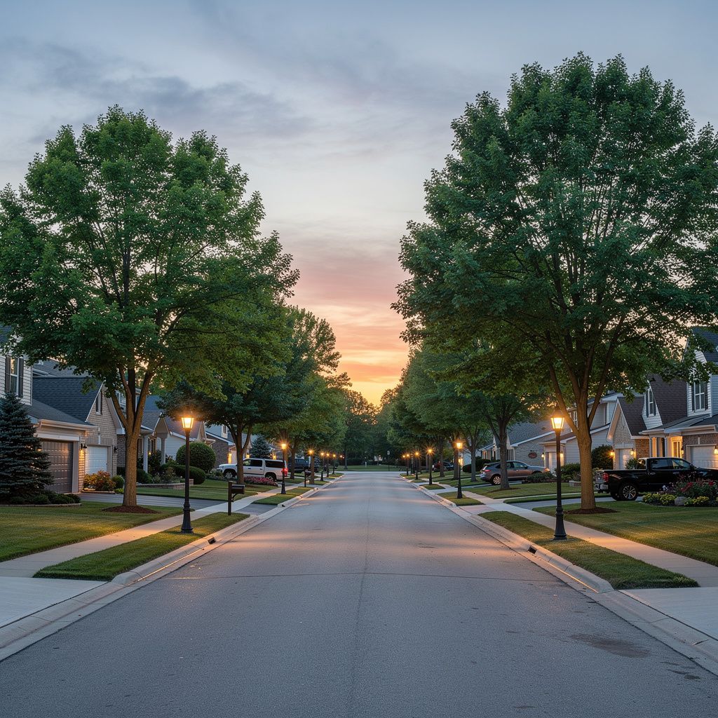 Peaceful residential street in Niles, Illinois at dusk