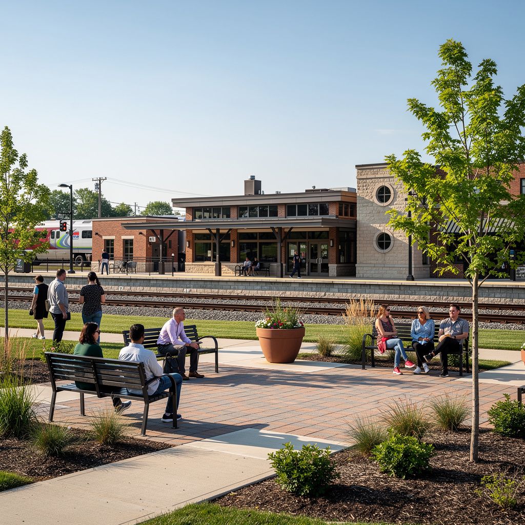 Residents enjoying a sunny day near a commuter station in Park Ridge, Illinois