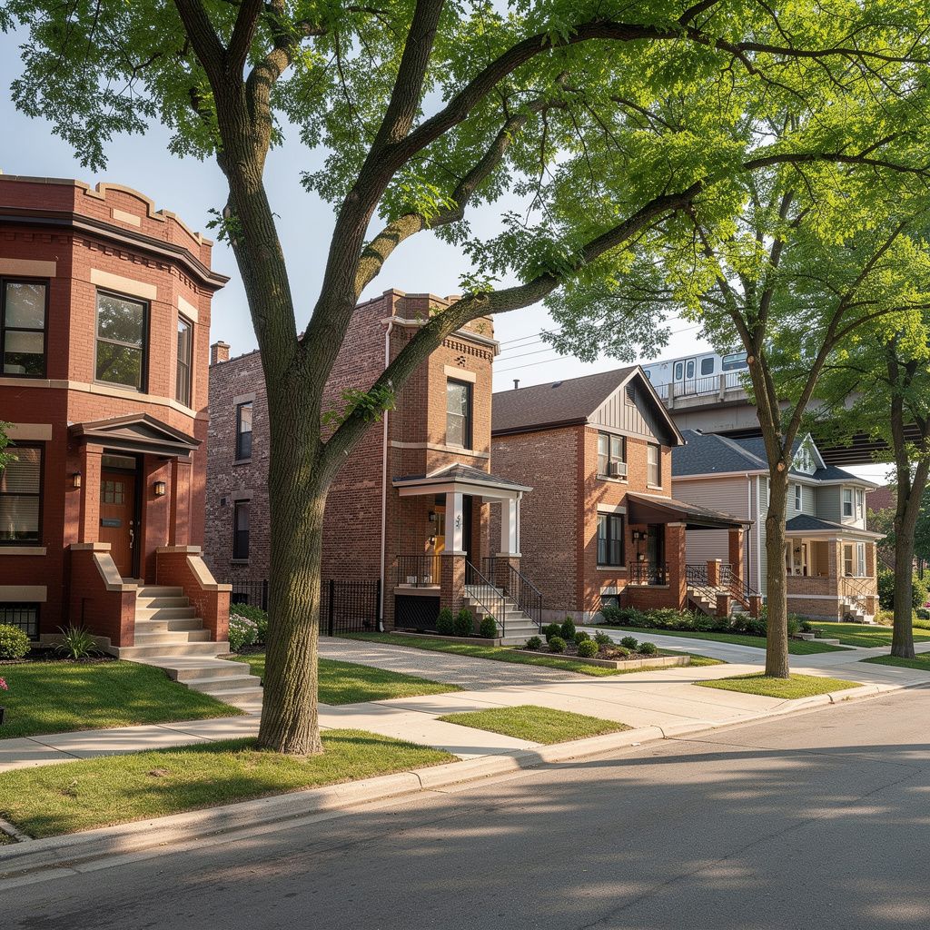 Chicago brick residential buildings along a quiet sidewalk
