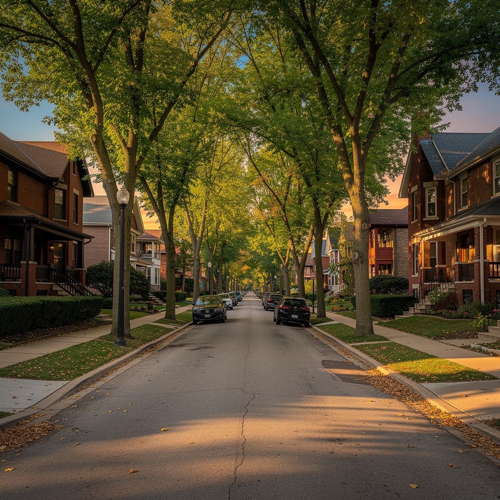 Tree-lined neighborhood street in Chicago's northwest suburbs at dusk