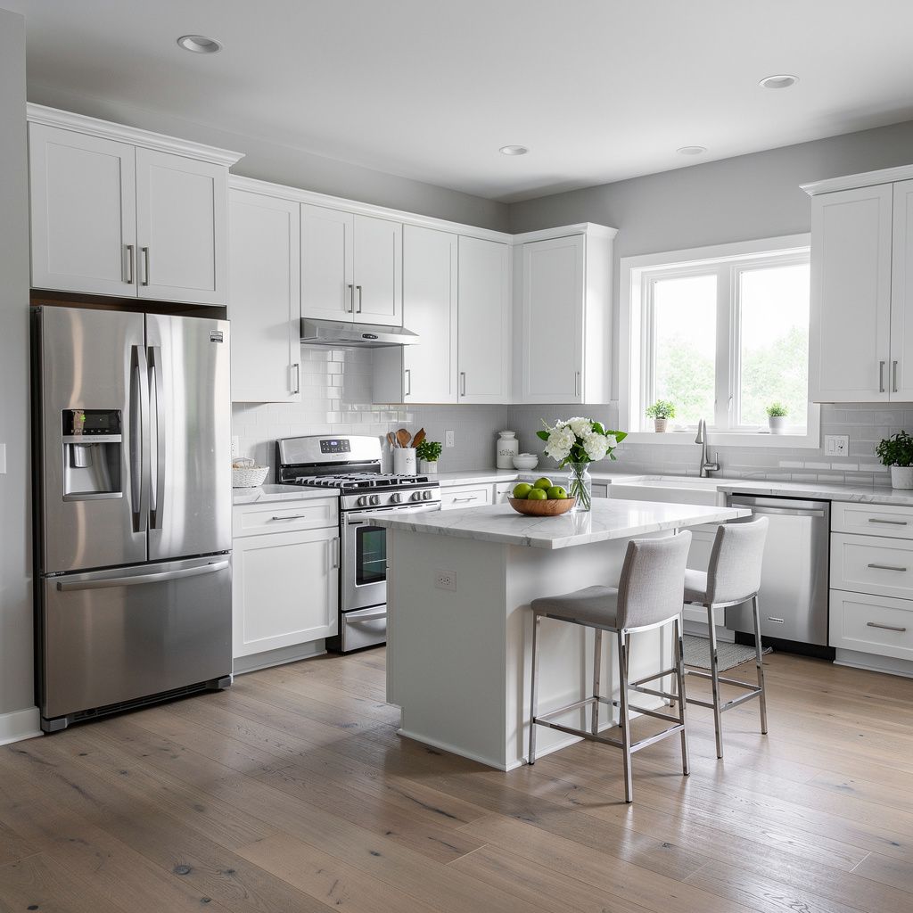 Updated kitchen with white cabinets and stainless appliances in a Chicago northwest suburbs home
