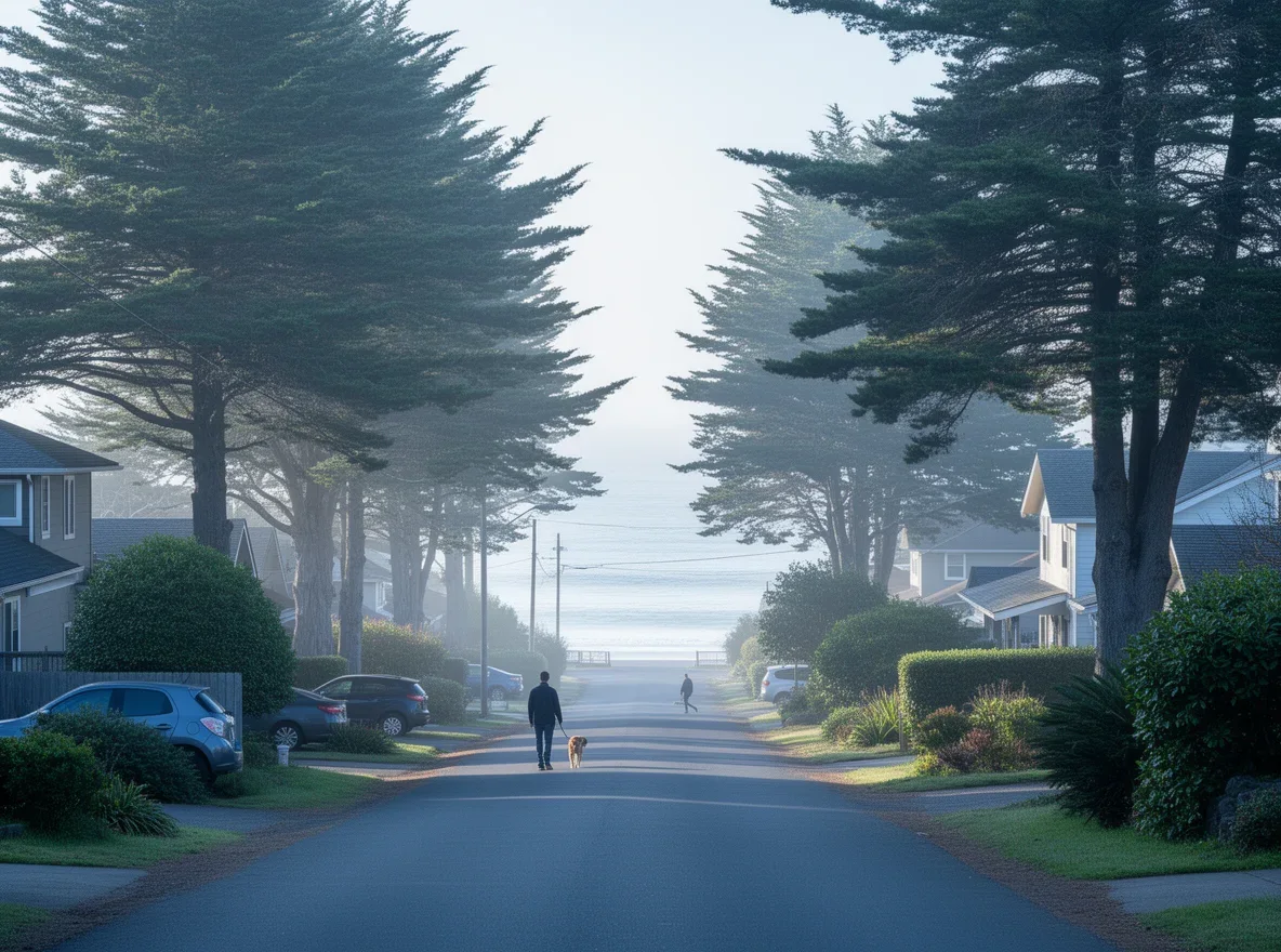 Quiet coastal neighborhood lifestyle scene near Harbor