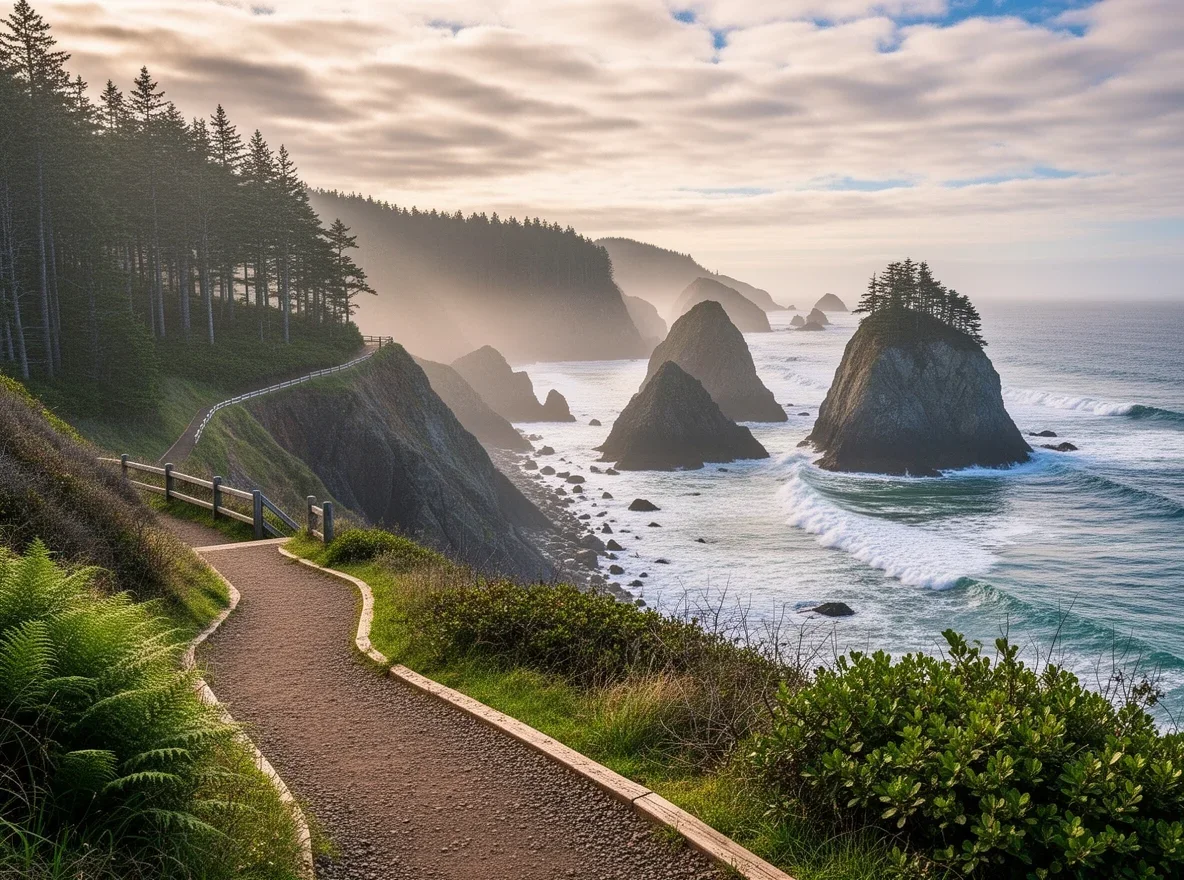 Rocky headlands and sea stacks along the Port Orford coastline