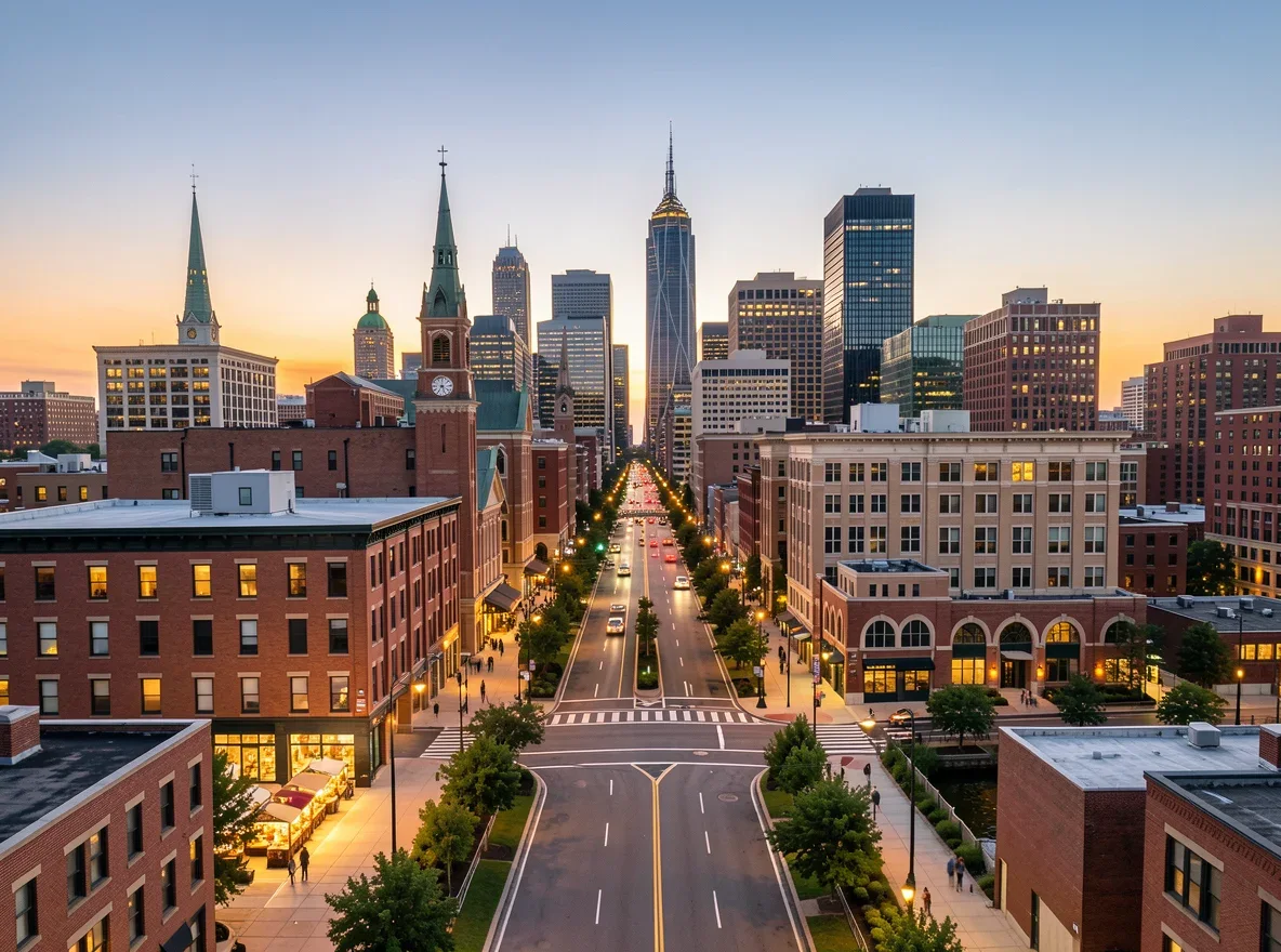Baltimore City skyline and neighborhood streetscape