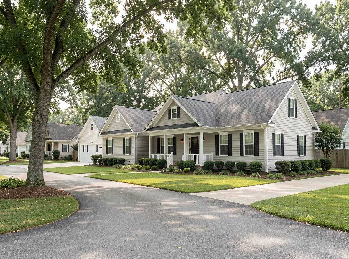 Tree-lined road and residential setting in Rural Hall