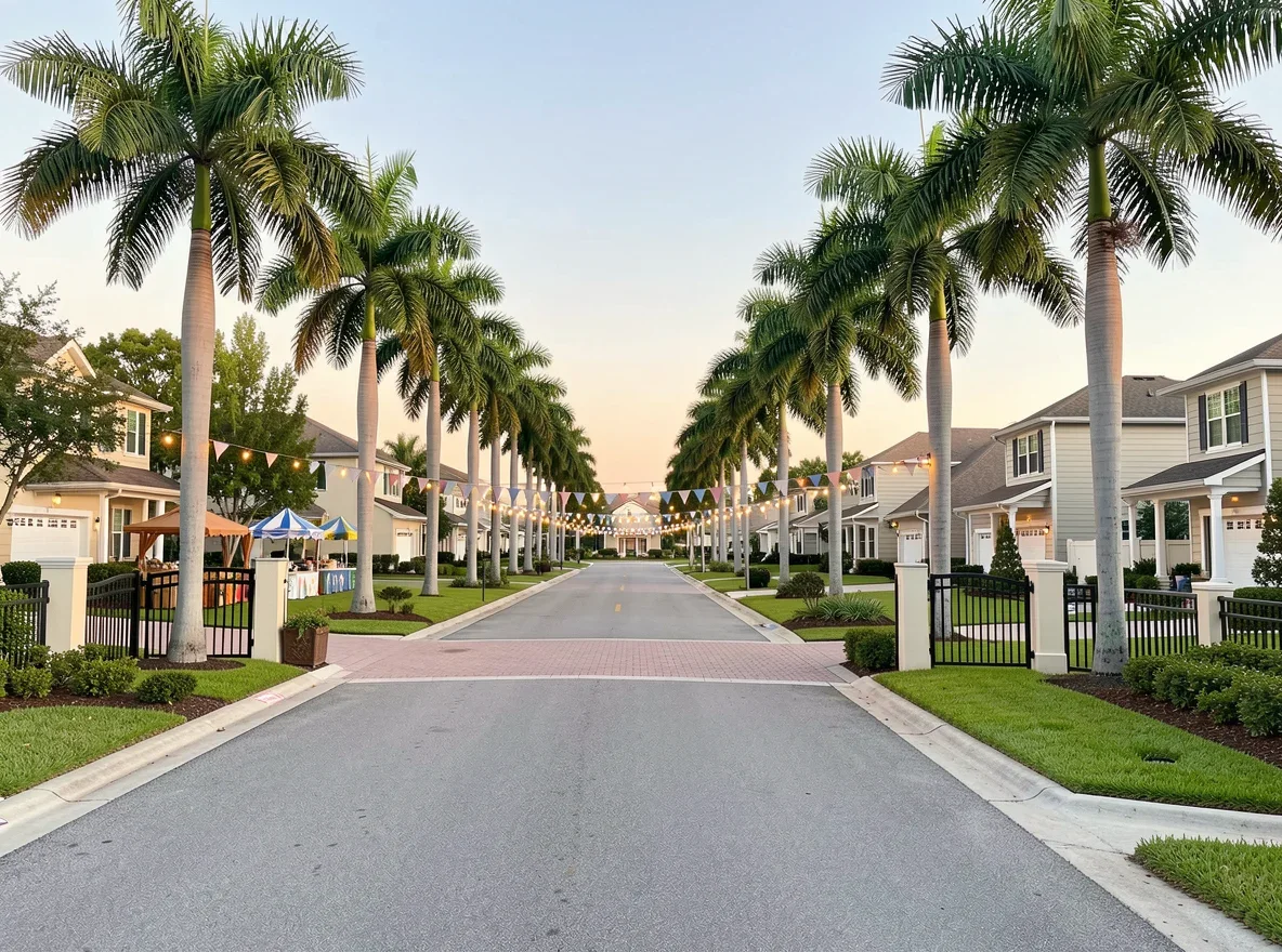 Gated community and landscaped neighborhood scene in Parkland, Florida