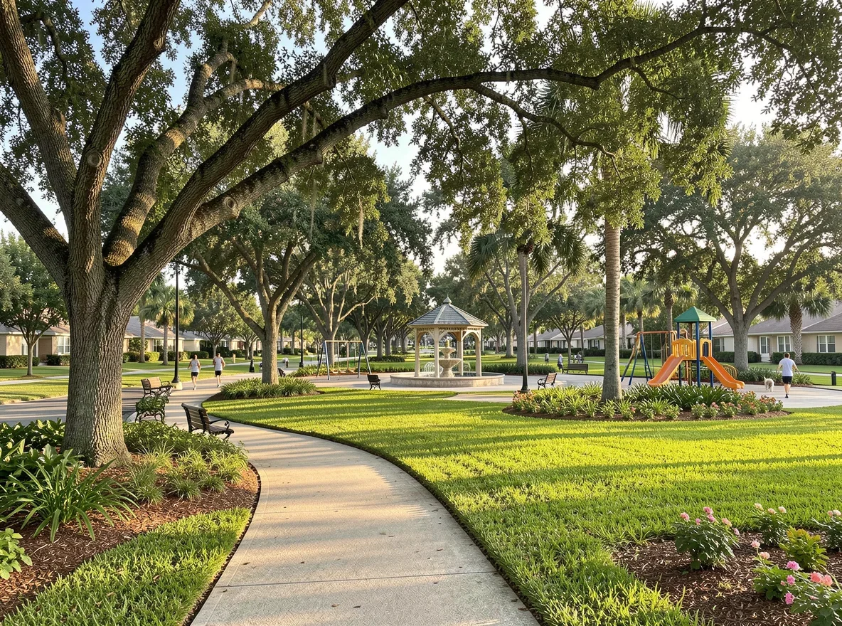 Tree-lined neighborhood park scene in Coral Springs, Florida