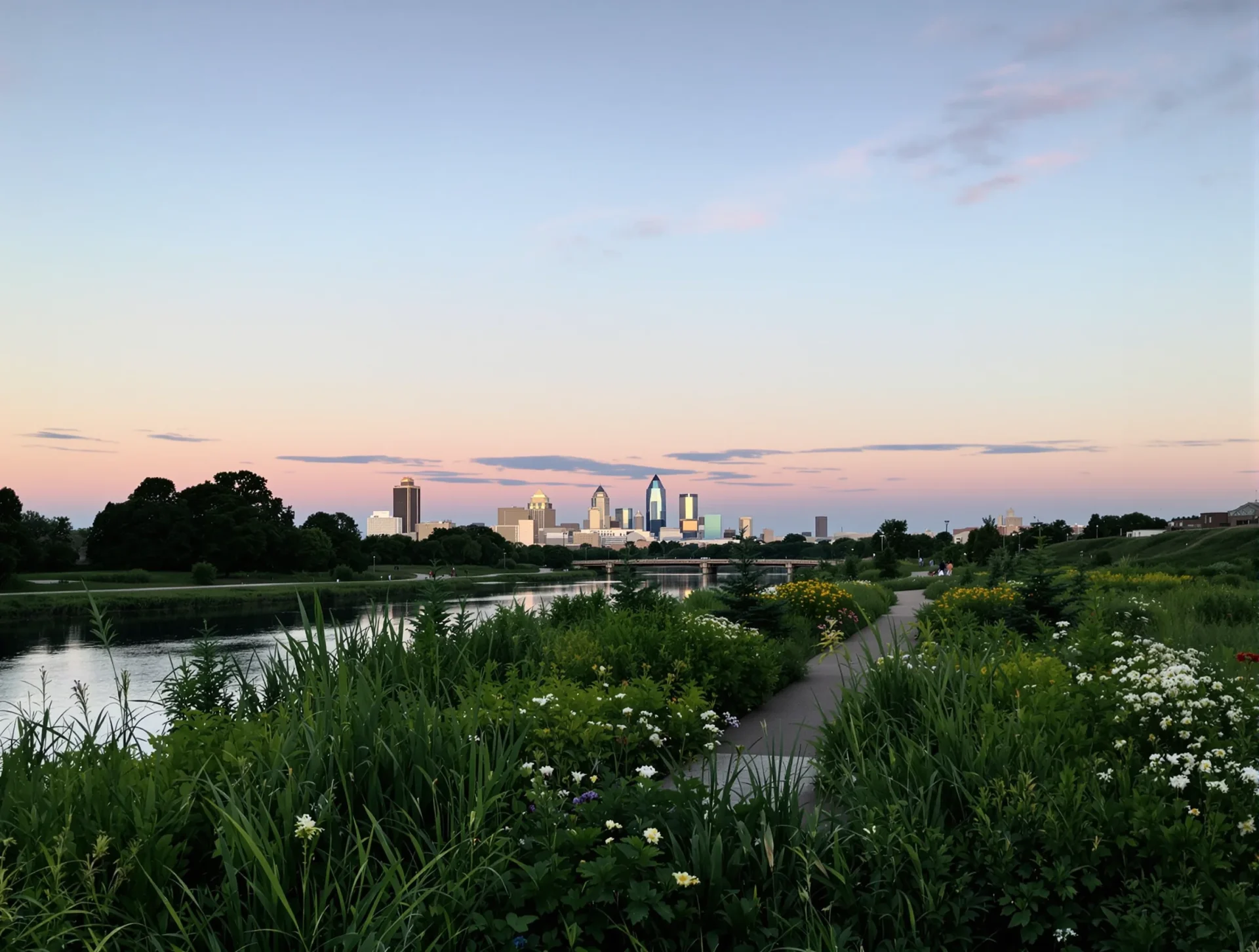 Walking trail along the Cedar River with the Cedar Rapids skyline in the distance