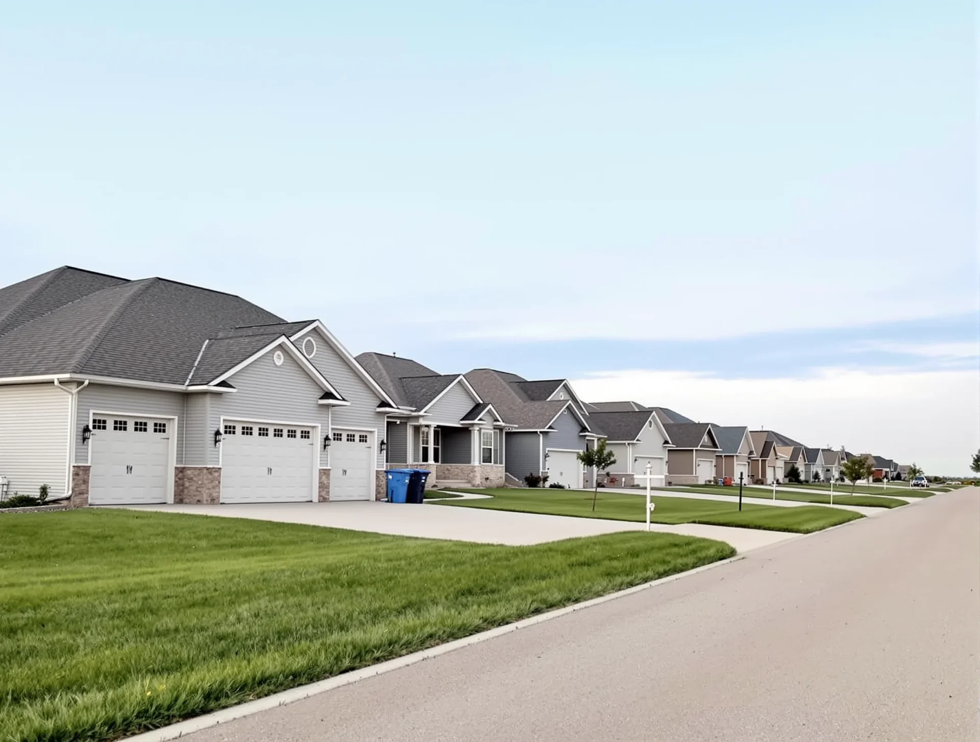 Calm residential street with single-family homes in Tiffin, Iowa