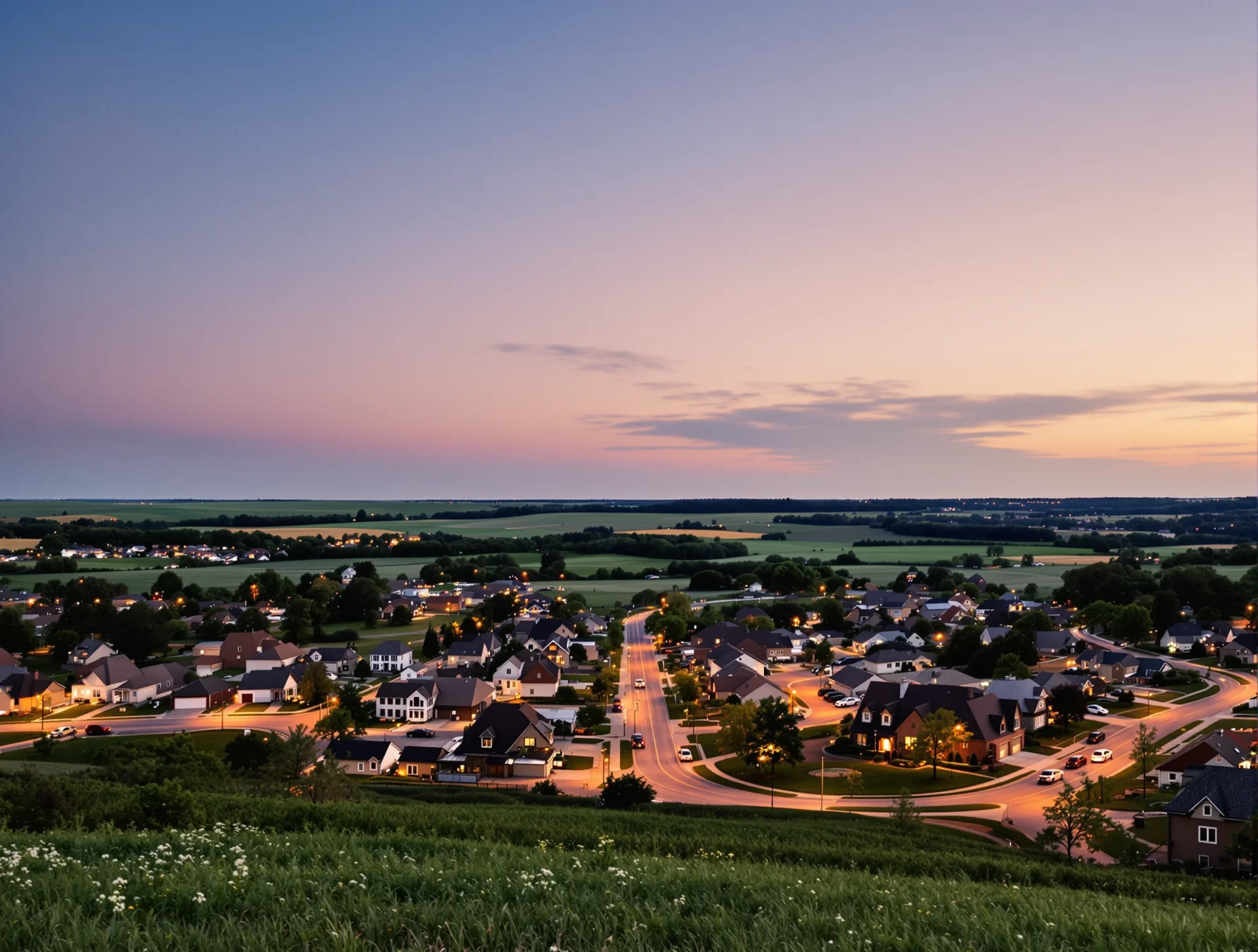 Quiet evening view over a growing small town neighborhood in eastern Iowa