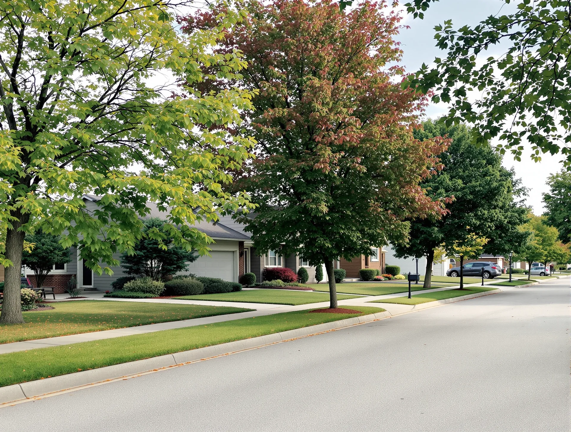 Suburban homes with mature trees on a quiet street in Coralville