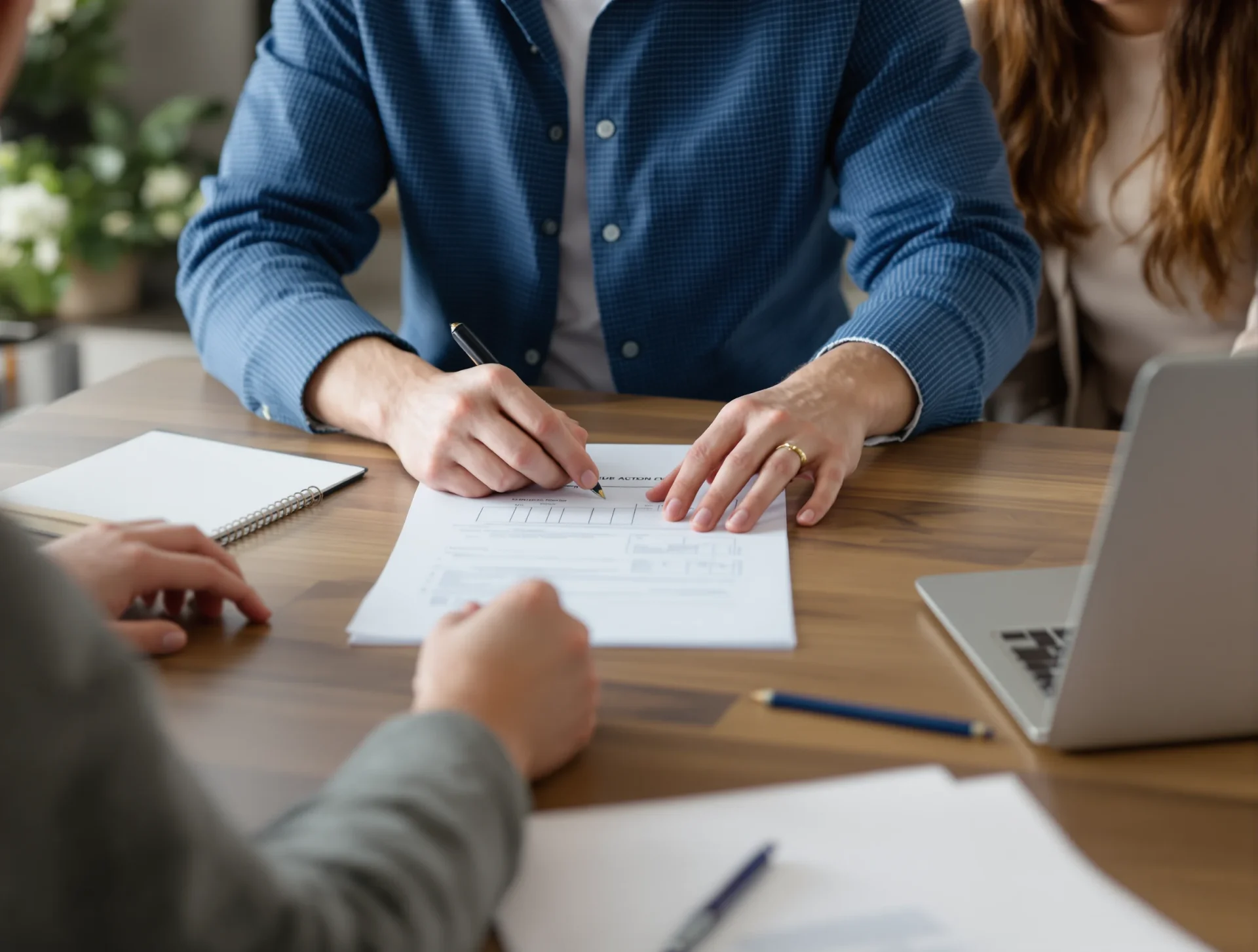First-time home buyers reviewing documents with a real estate professional
