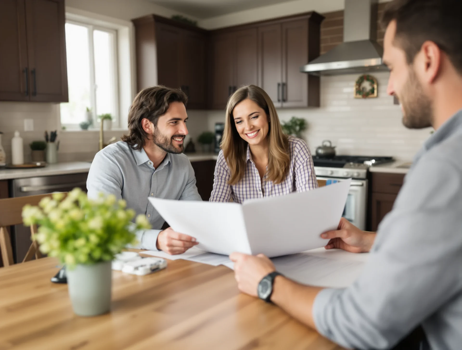 Home buyers meeting with a real estate professional at a kitchen table in Cedar Rapids