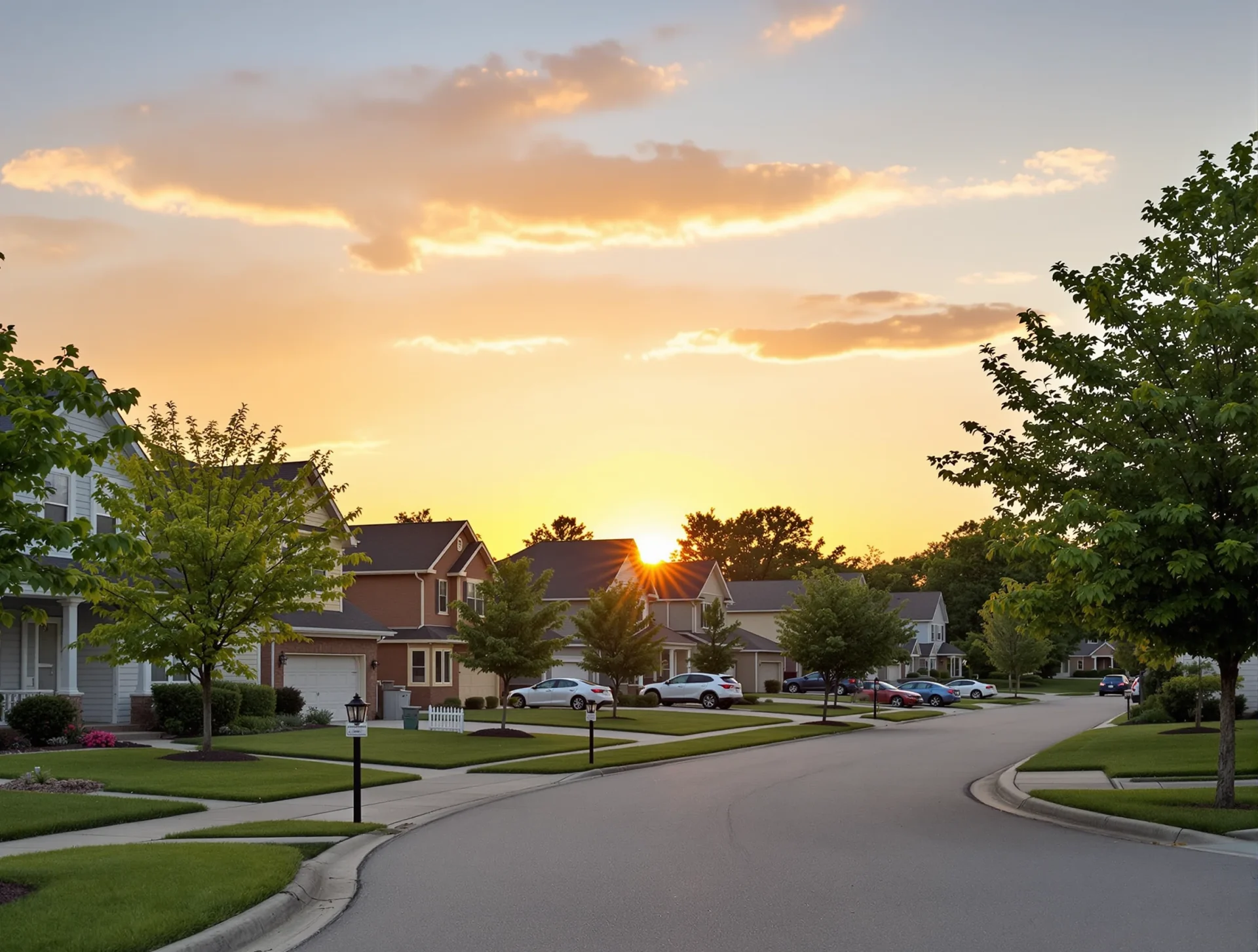 Tree-lined residential street with family homes in Coralville, Iowa