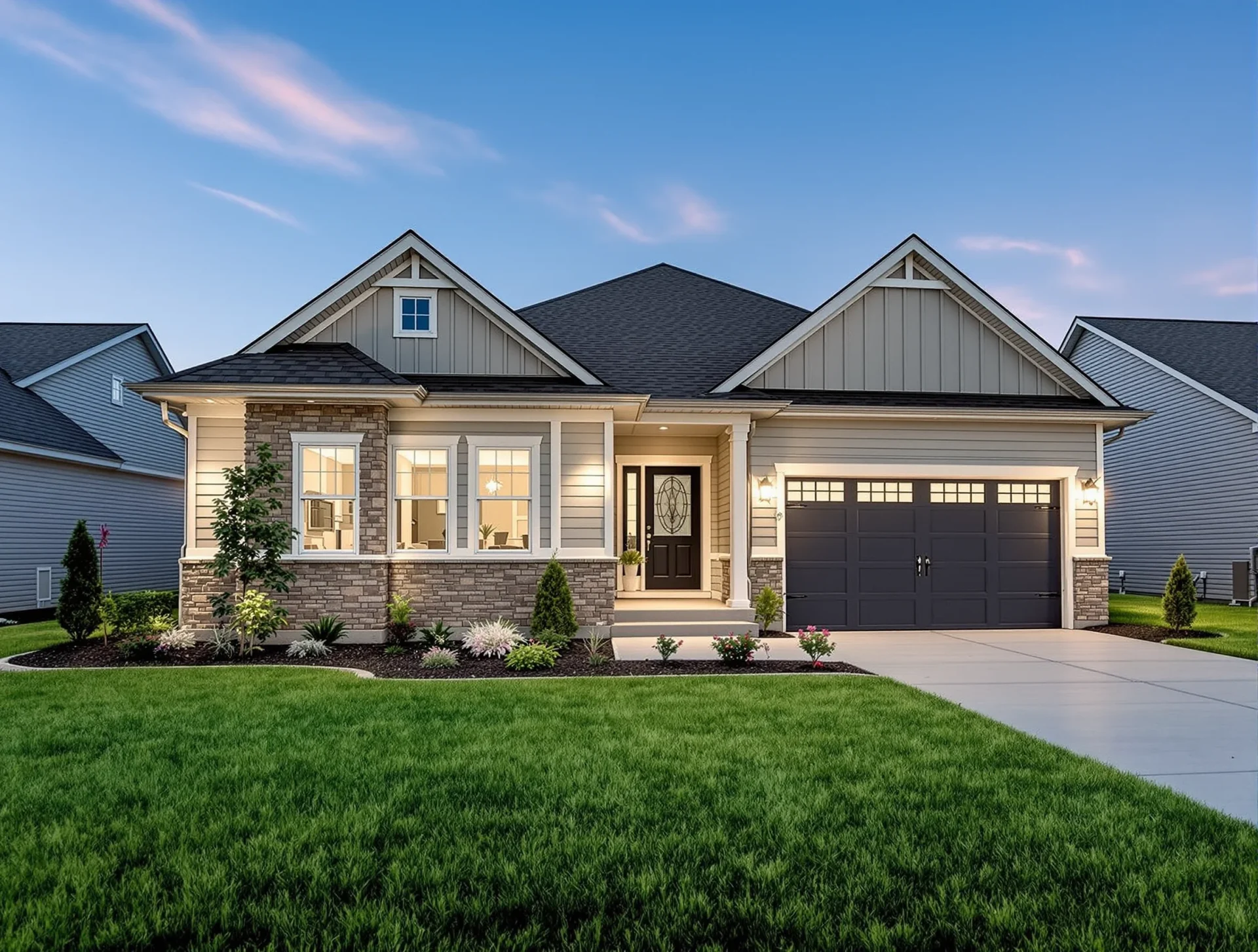 Modern home with front porch and landscaped yard in Coralville