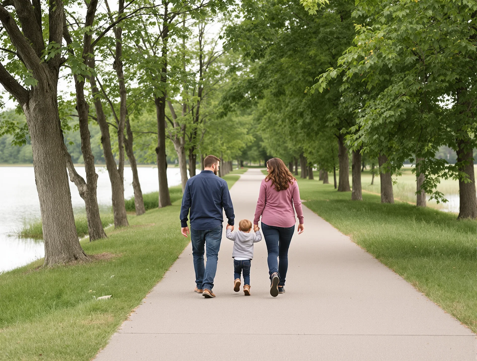 Family enjoying a walk along a riverside trail in Coralville, Iowa