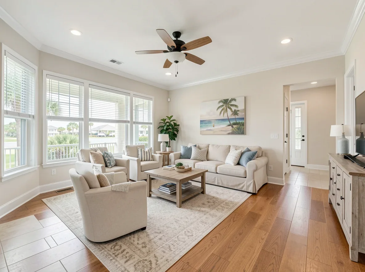 Staged bright living room in Boynton Beach
