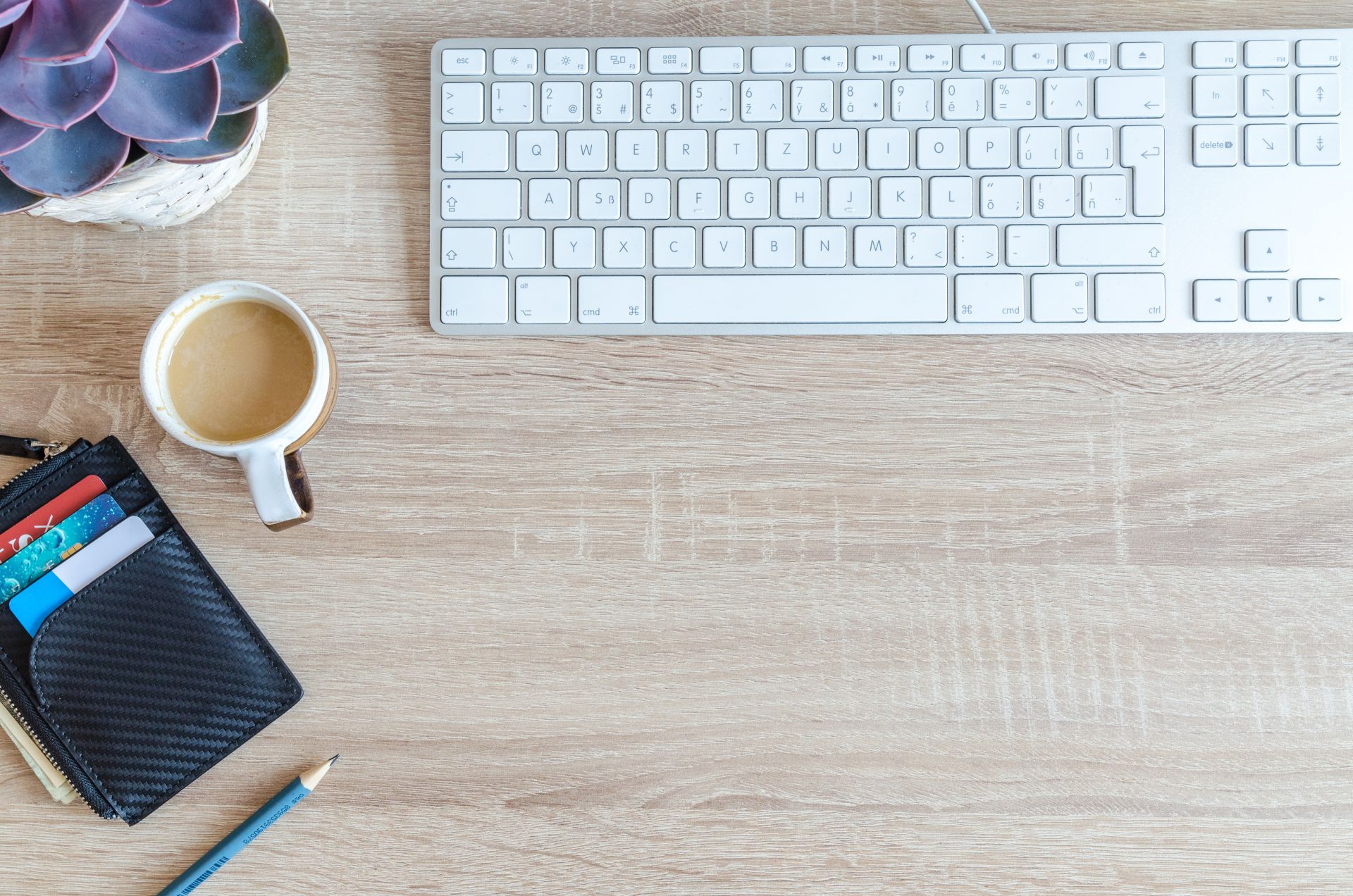 Organized Desk with coffee and wallet 