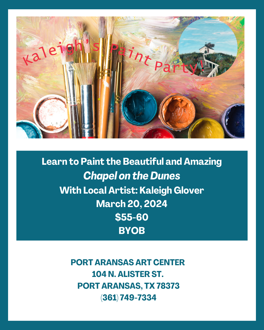 Paint-Party-With-Kaleigh-Glover-Port-Aransas-Art-Center-Saltwater-Shores-Team-Coldwell-Banker-Isand-Escapes-Real-Estate Learn to paint the Chapel of the Dunes with Kaleigh Glover at the Port Aransas Art Center