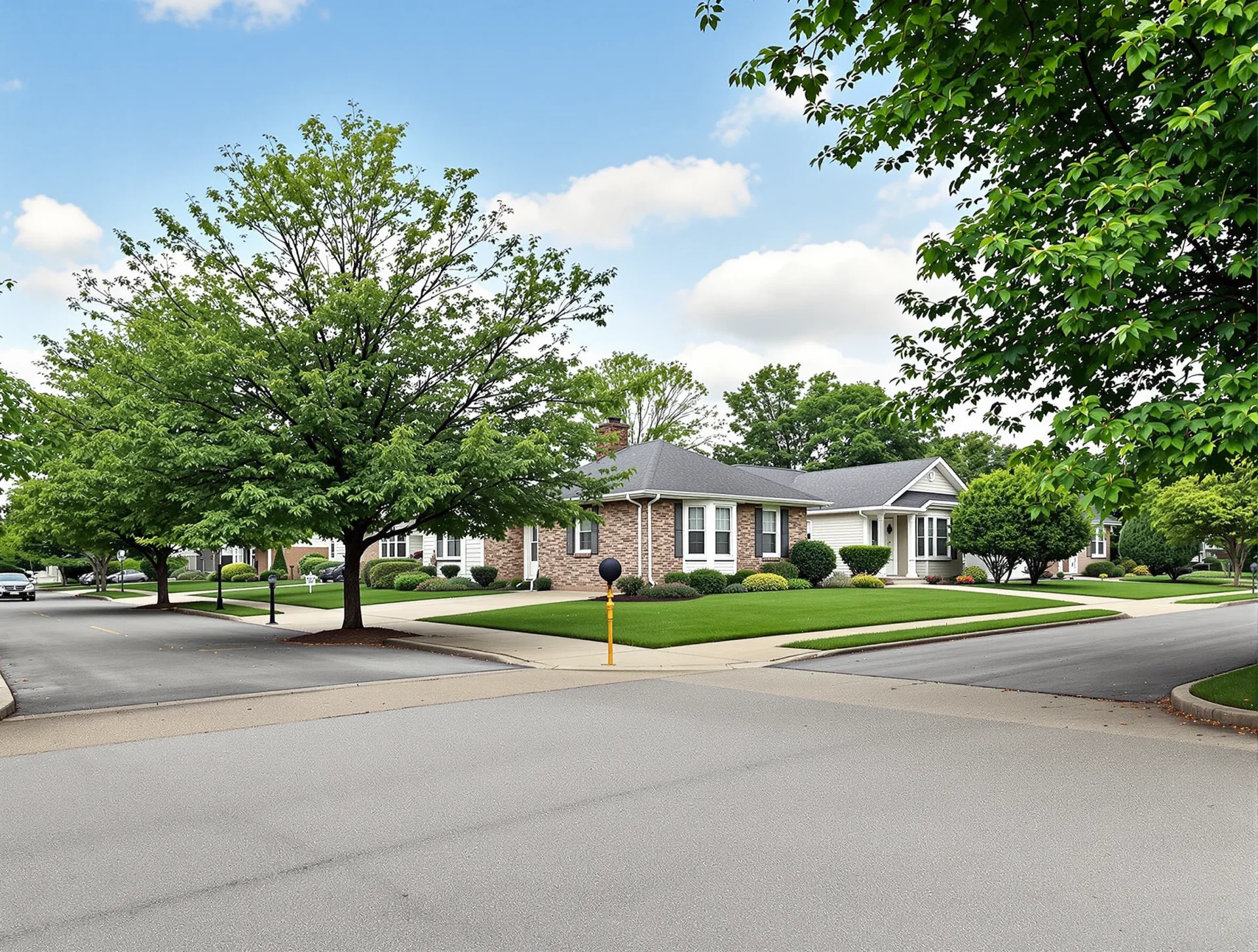Single-family homes with green lawns on a peaceful street in Algonquin, Illinois