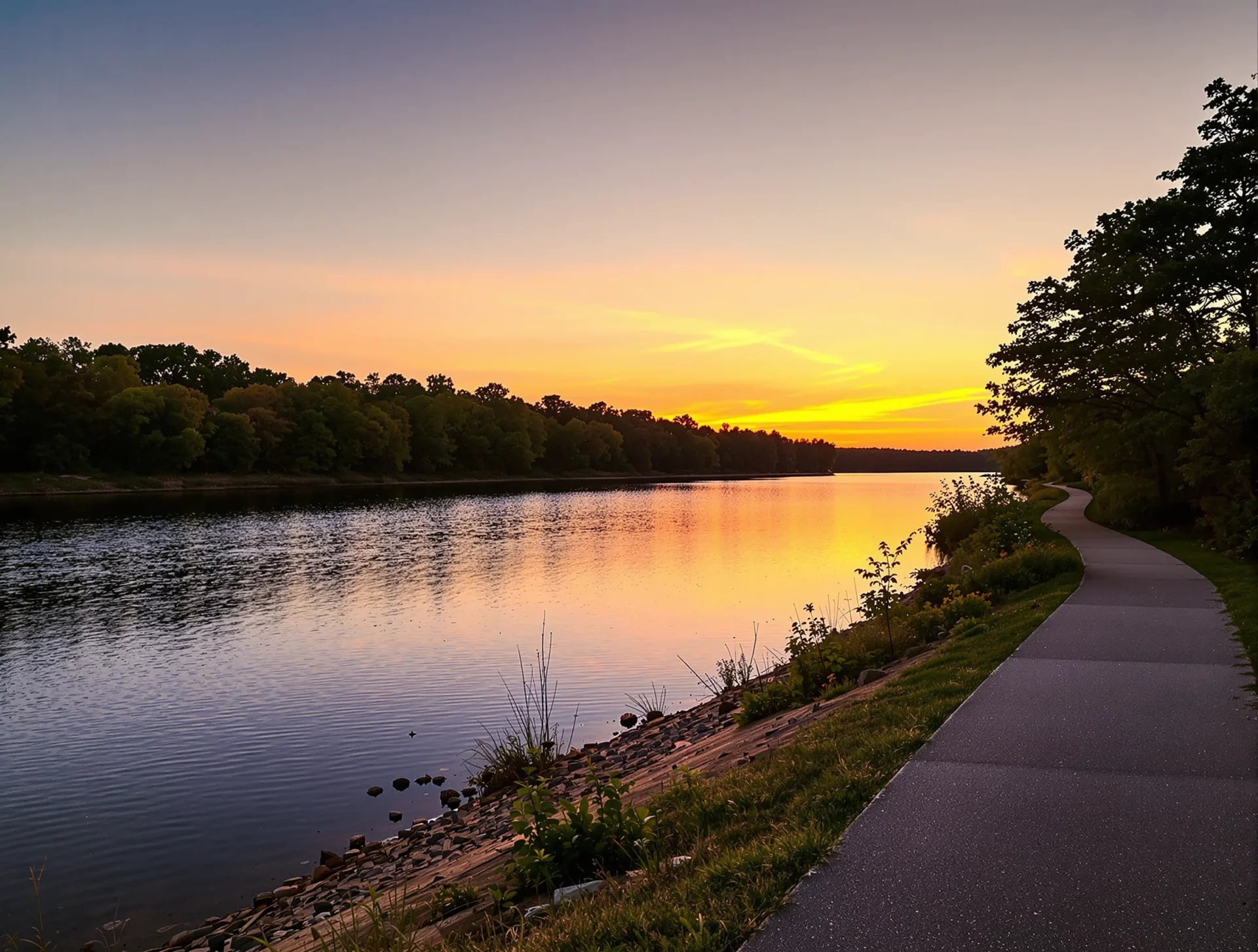 Quiet evening along the Fox River with trees and walking path in Algonquin, Illinois