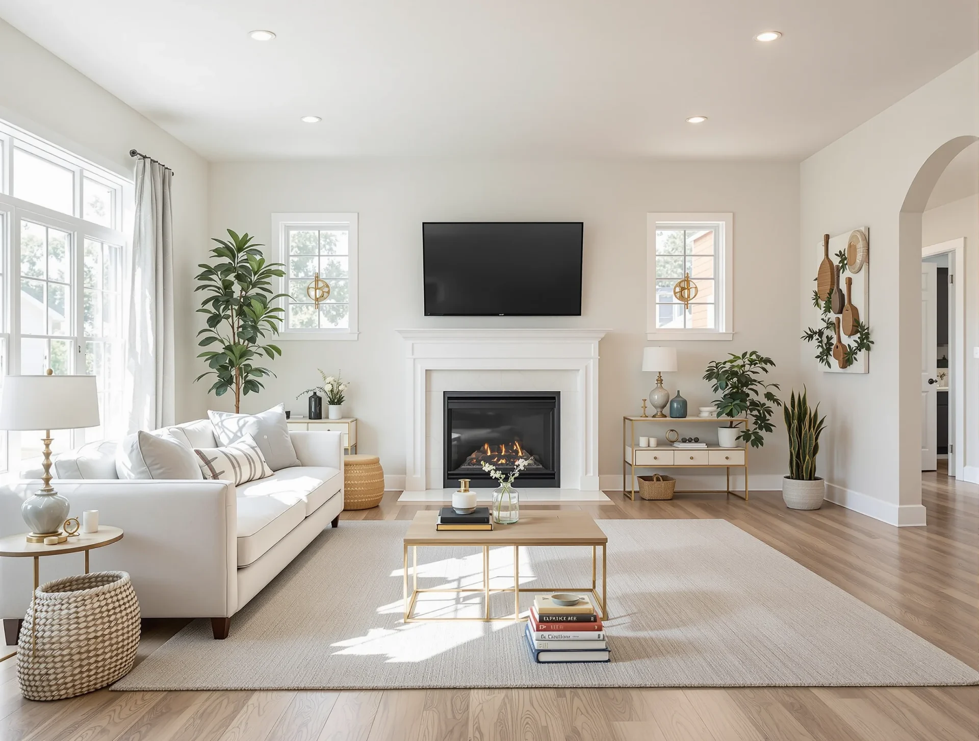 Neutral staged living room in Cary Illinois home