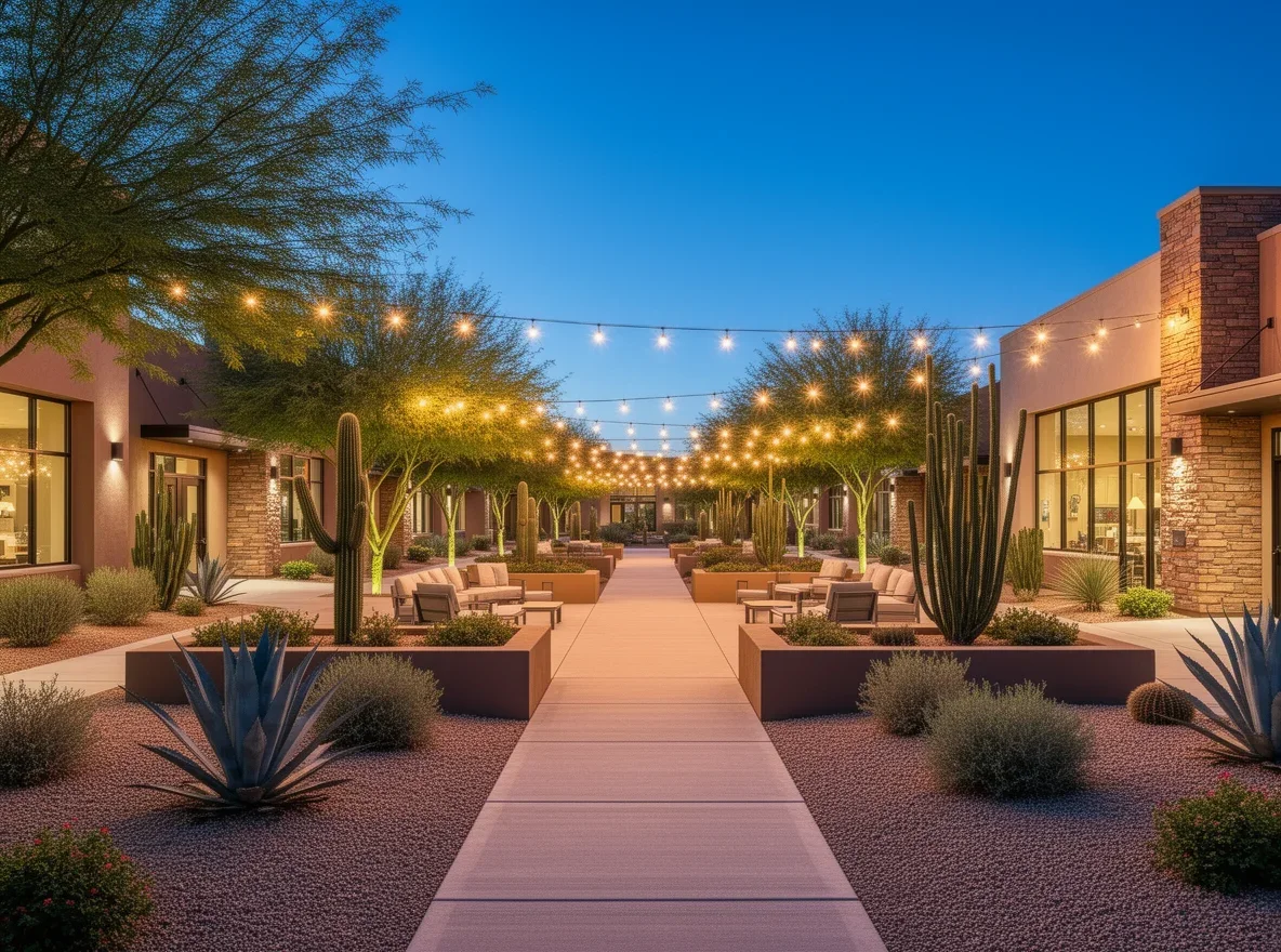 Evening gathering in a tree-lined outdoor plaza in Chandler