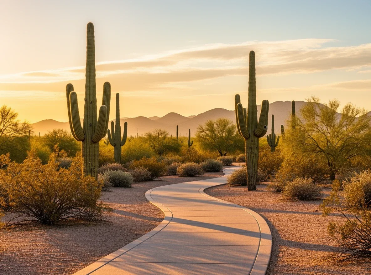 Desert park path with cacti at sunset in Chandler
