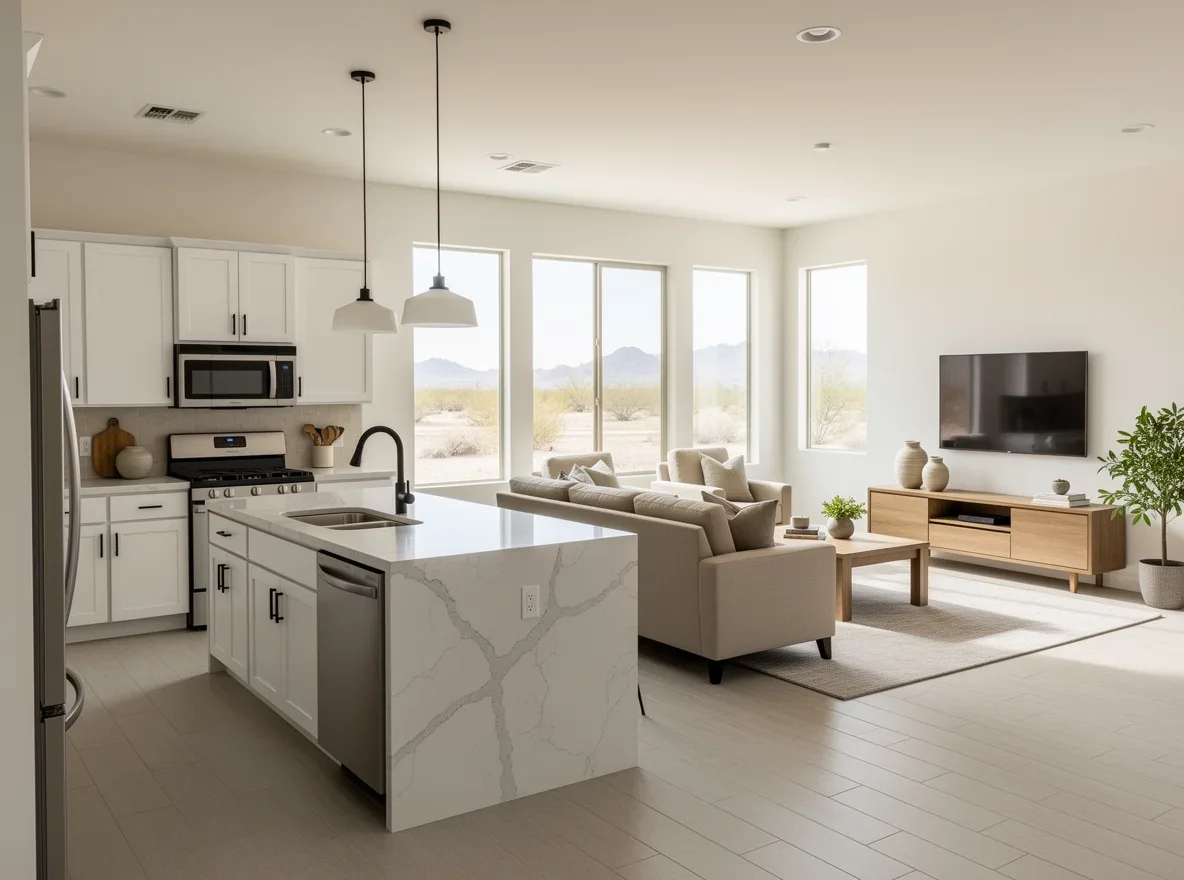 Bright open-concept living room and kitchen in a Gilbert starter home