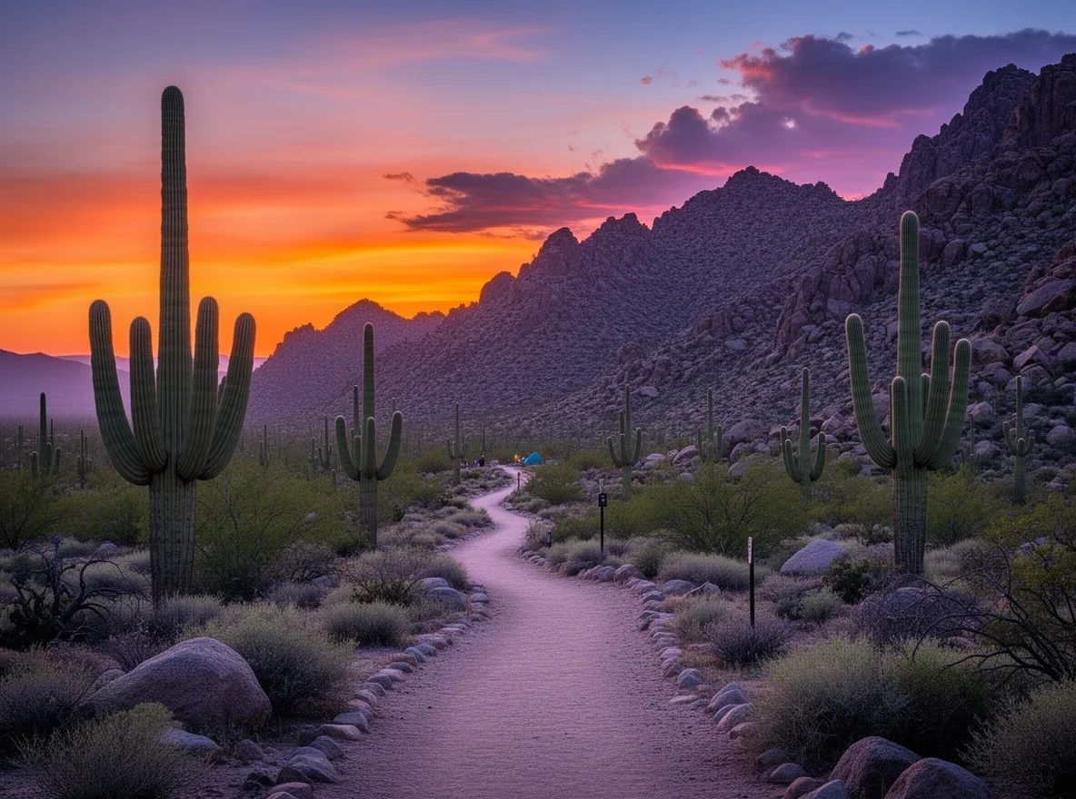 Desert foothills and saguaro at sunset near Mesa, Arizona
