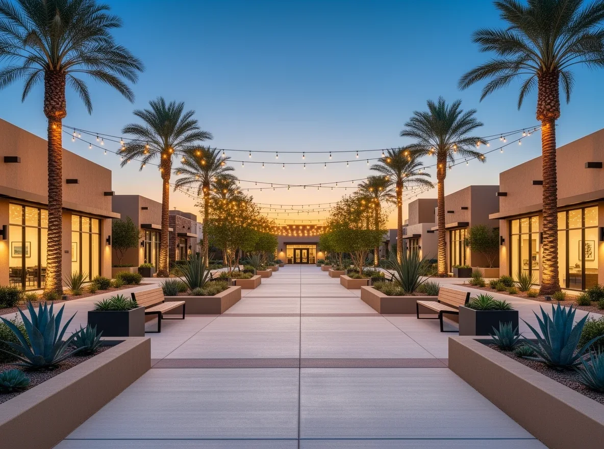 Evening community gathering in an outdoor plaza in Mesa, Arizona