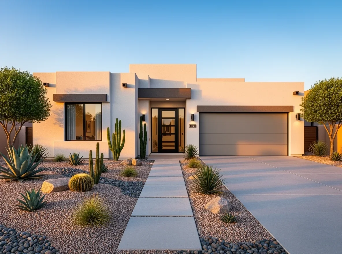 Modern stucco home with desert landscaping in Chandler