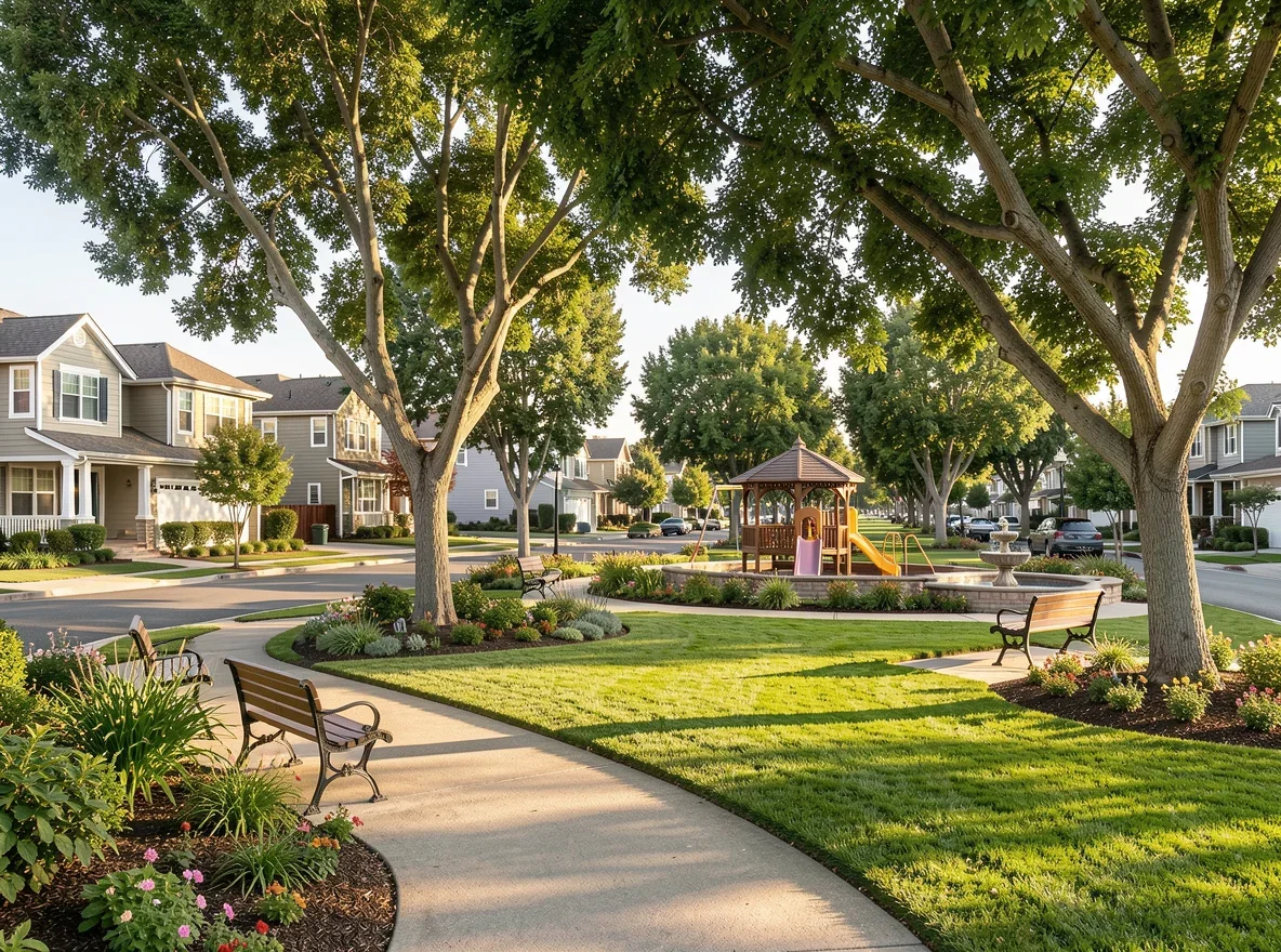 Neighborhood park and residential streets in Brentwood, California