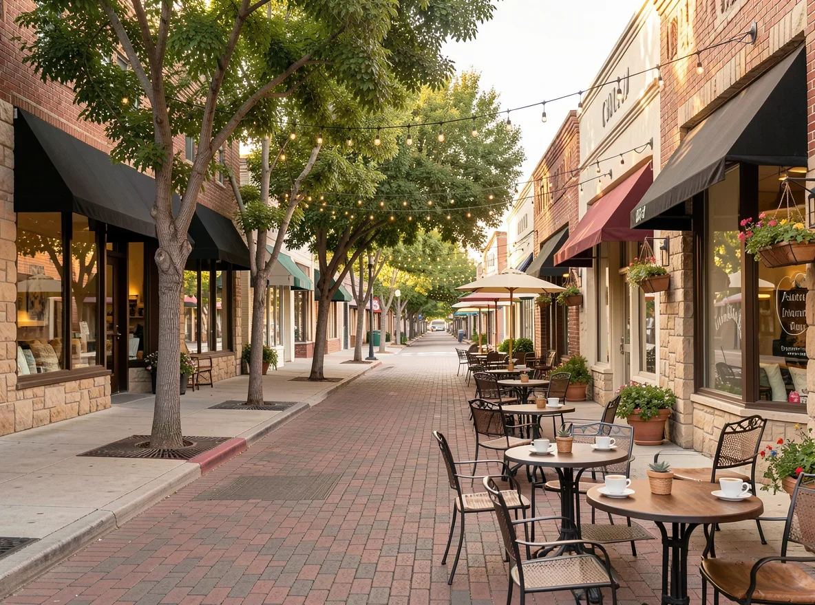 Downtown Vacaville streetscape with storefronts and mature trees