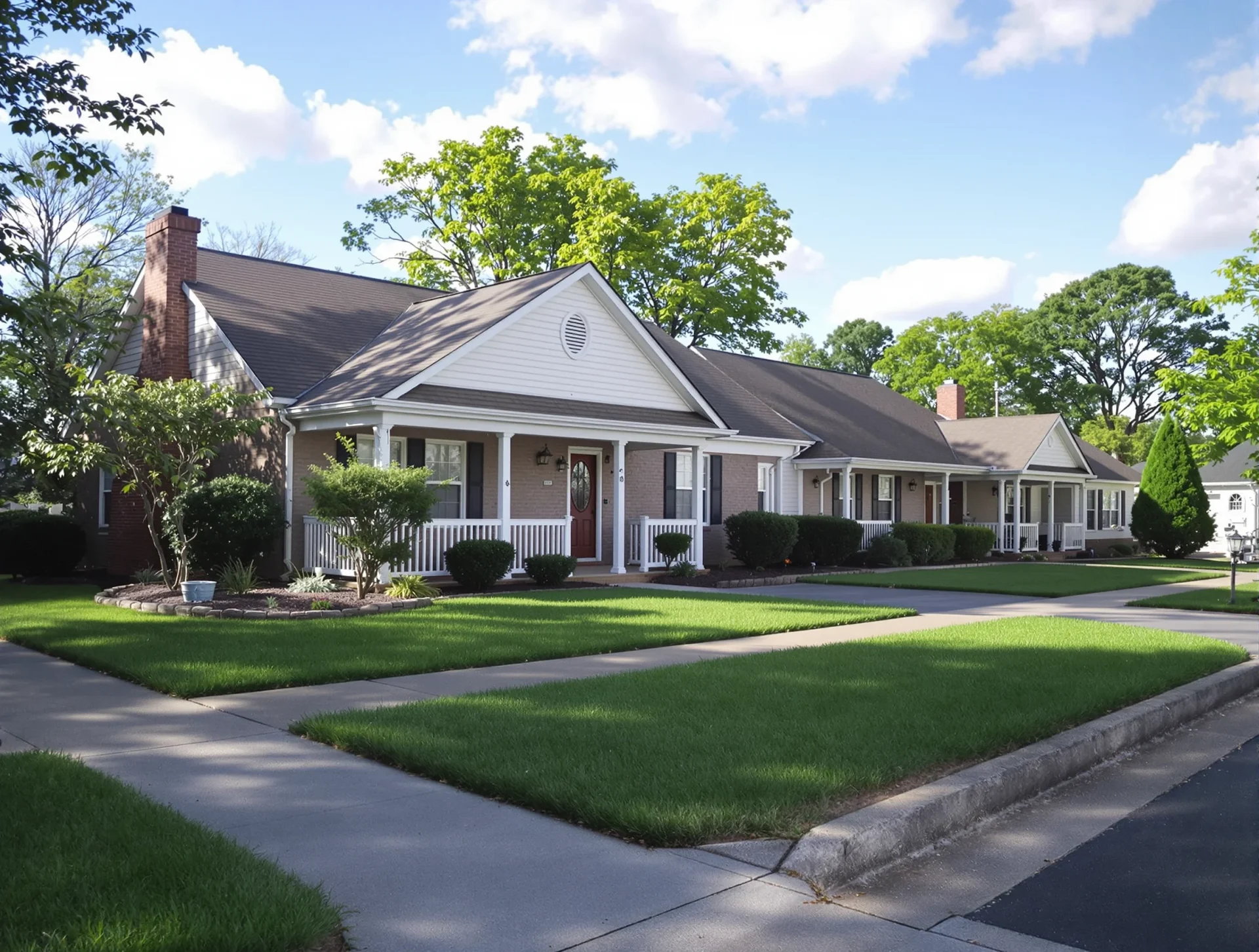 Suburban homes with front porches in a Cleveland, Tennessee neighborhood