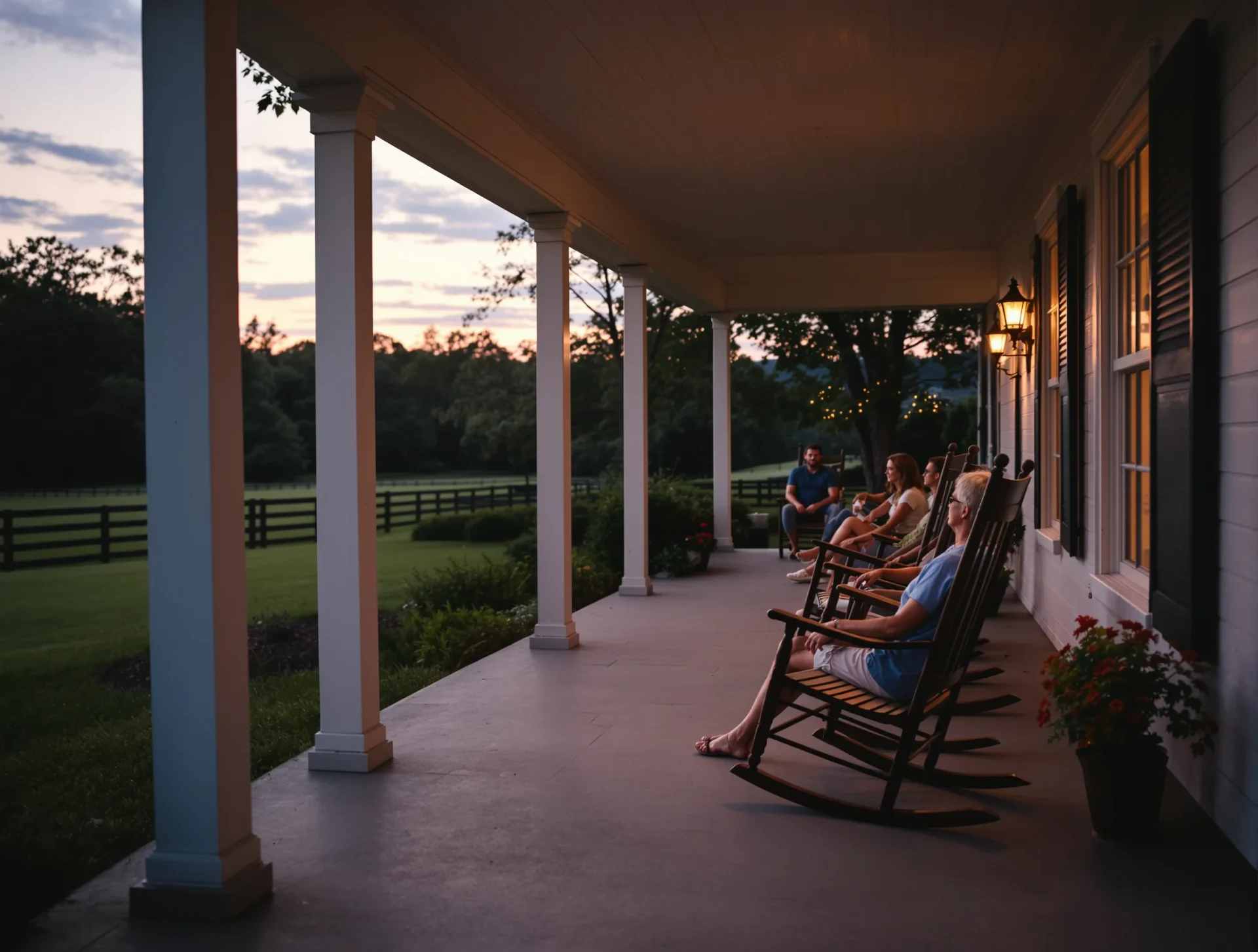 Relaxed evening on a front porch with rocking chairs and warm light in rural Tennessee