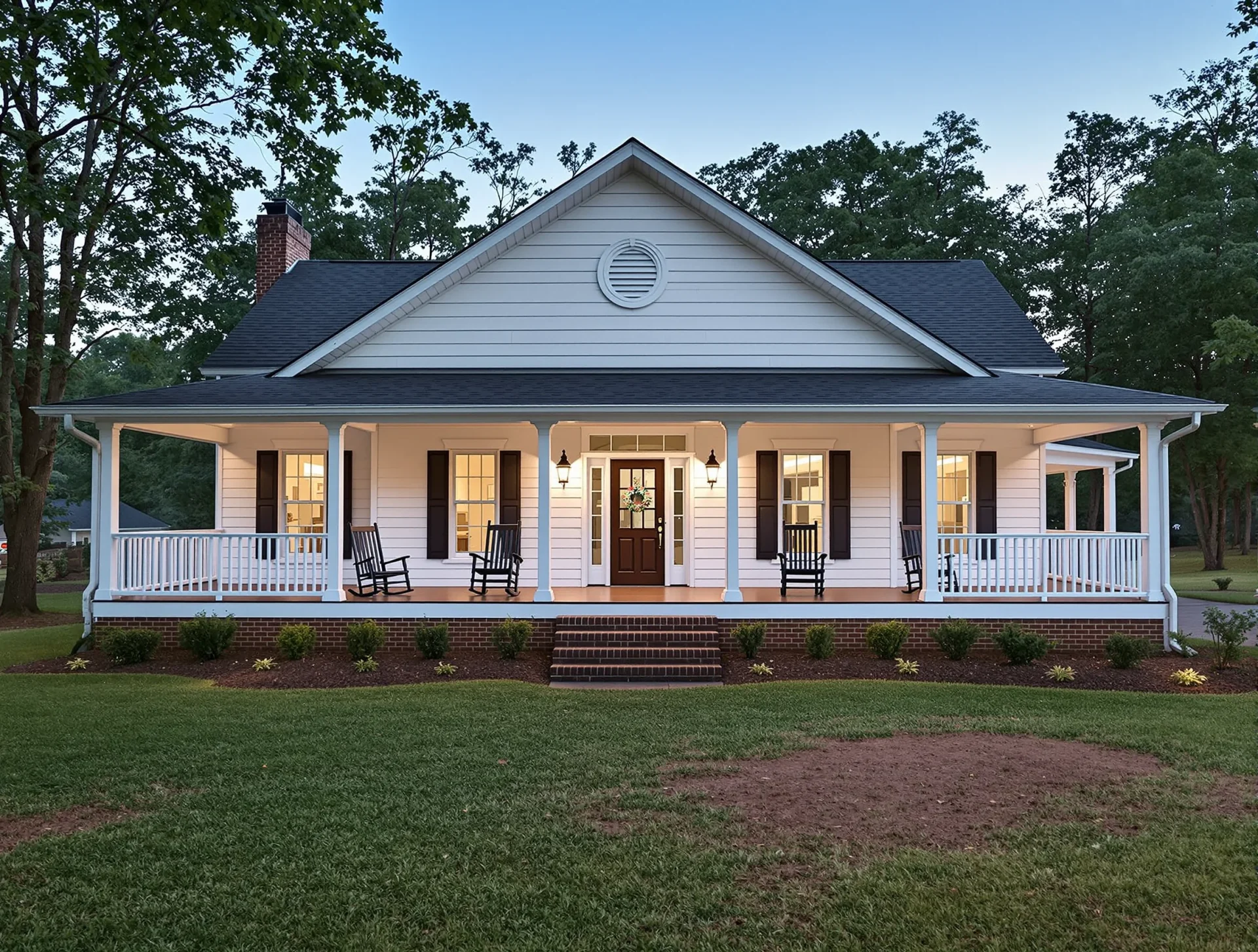 Southern-style home with a large front porch and rocking chairs in a leafy yard near Birchwood, Tennessee