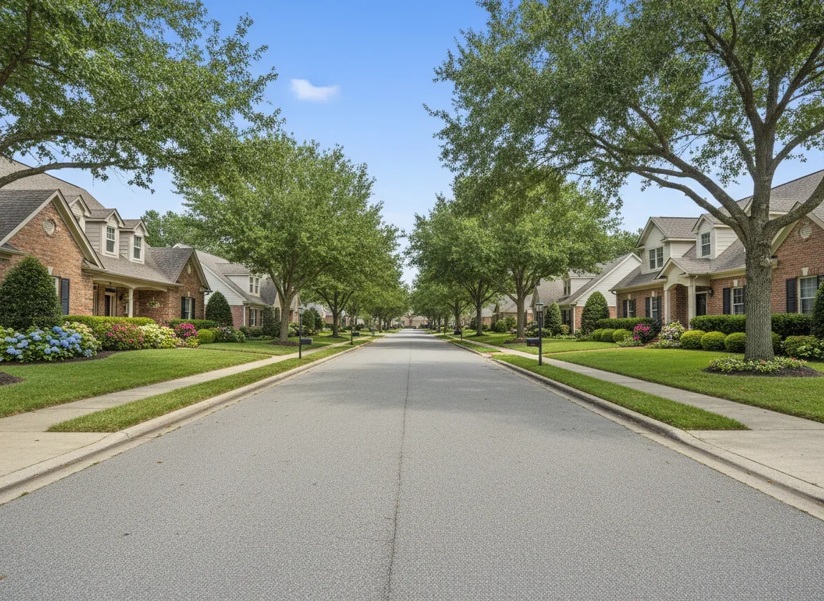 Well-kept suburban homes and tree-lined street in Parsippany, New Jersey