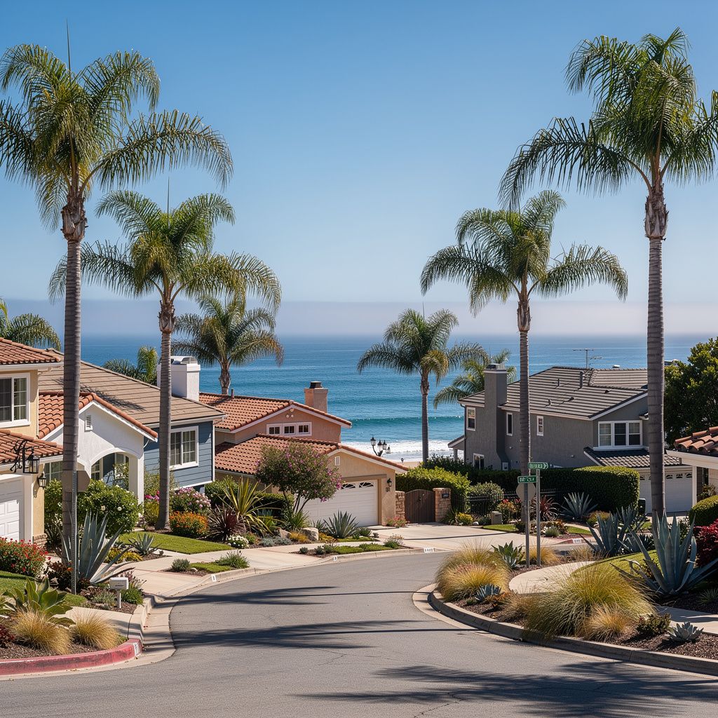 Sunny coastal neighborhood overlooking the ocean in Encinitas, California