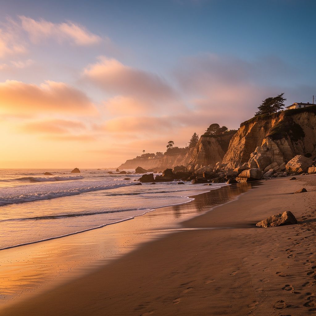 Sunset over the beach and bluffs in Cardiff-by-the-Sea, California