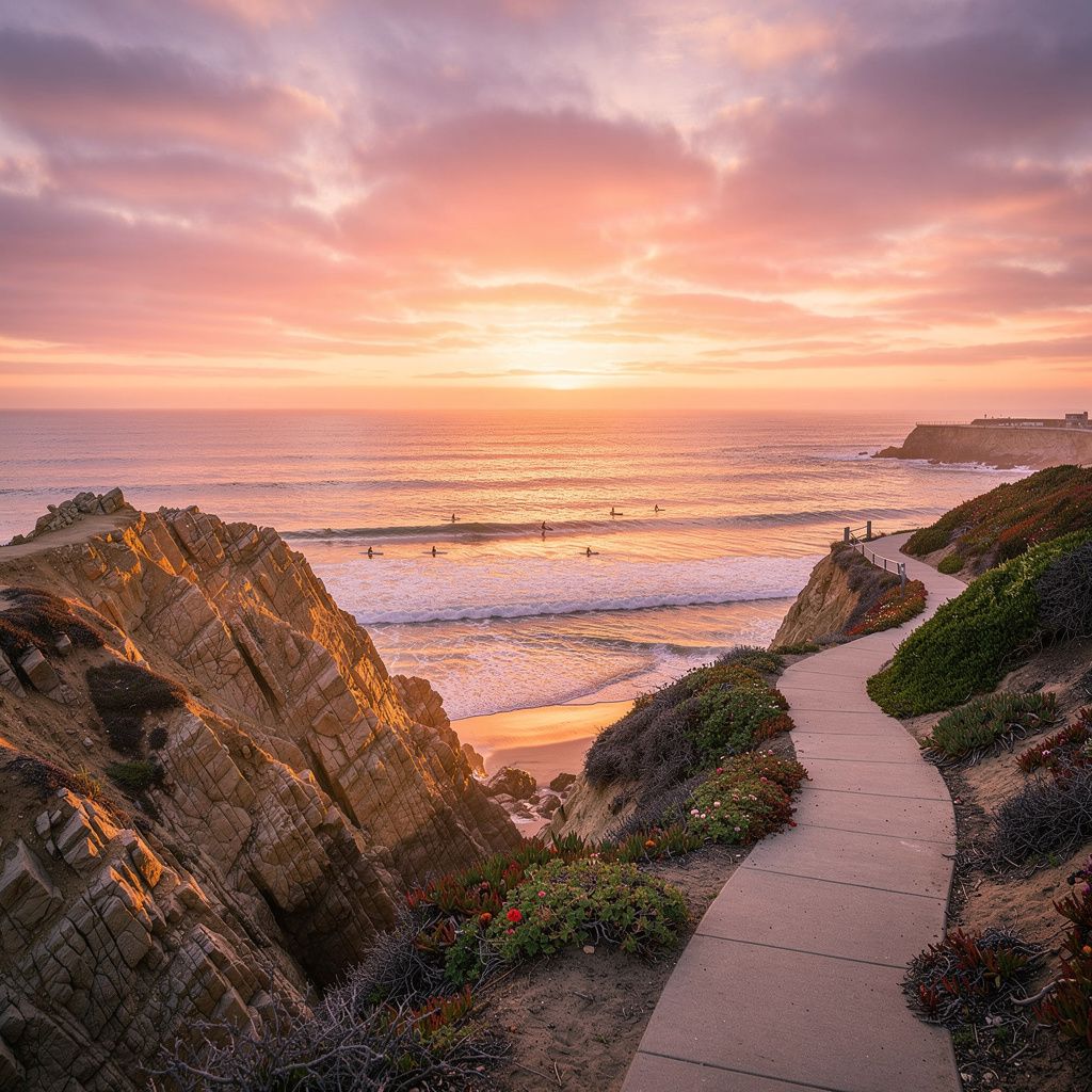 Sunset over the ocean and coastal bluffs in Cardiff-by-the-Sea, California